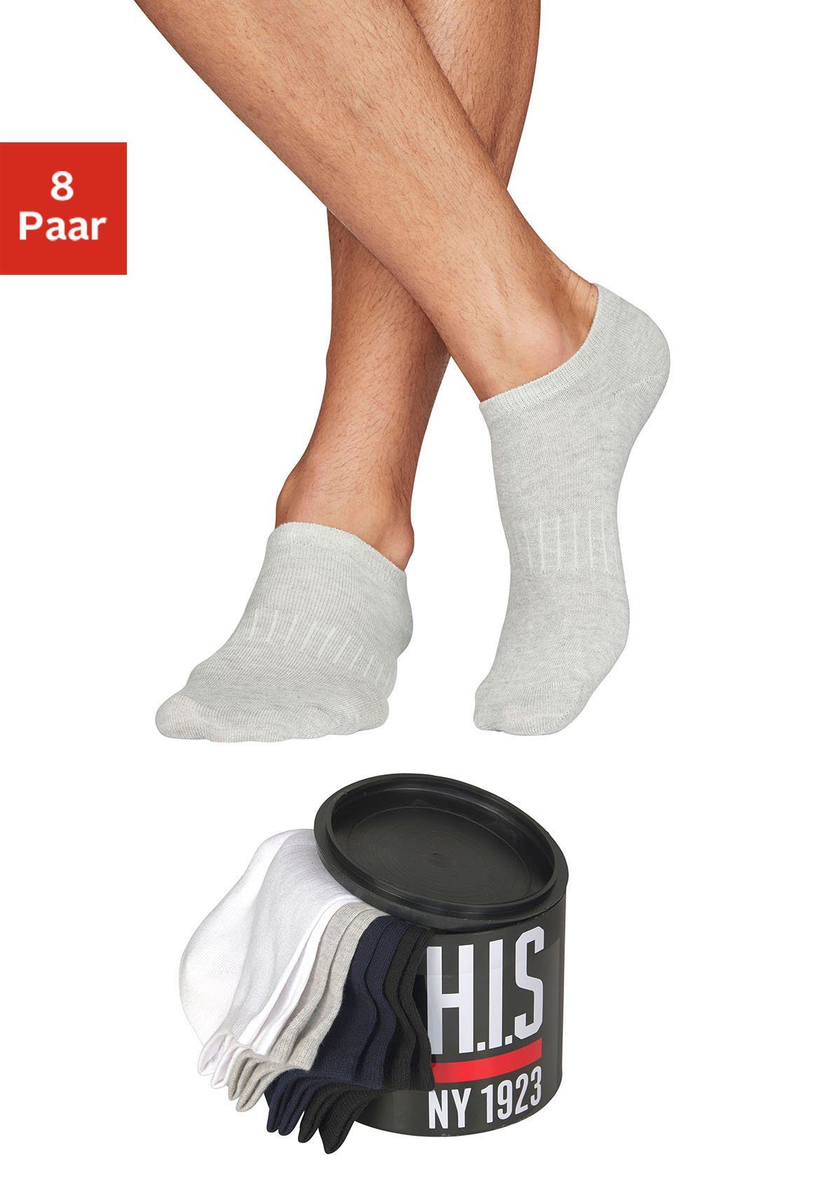 H.I.S Sneakersocken (Dose, 8-Paar) in der Geschenkdose. Reduzierter Preis € 9,99. Unverbindliche Preisempfehlung € 21,99, (€ 1,25 pro 1 Paar)