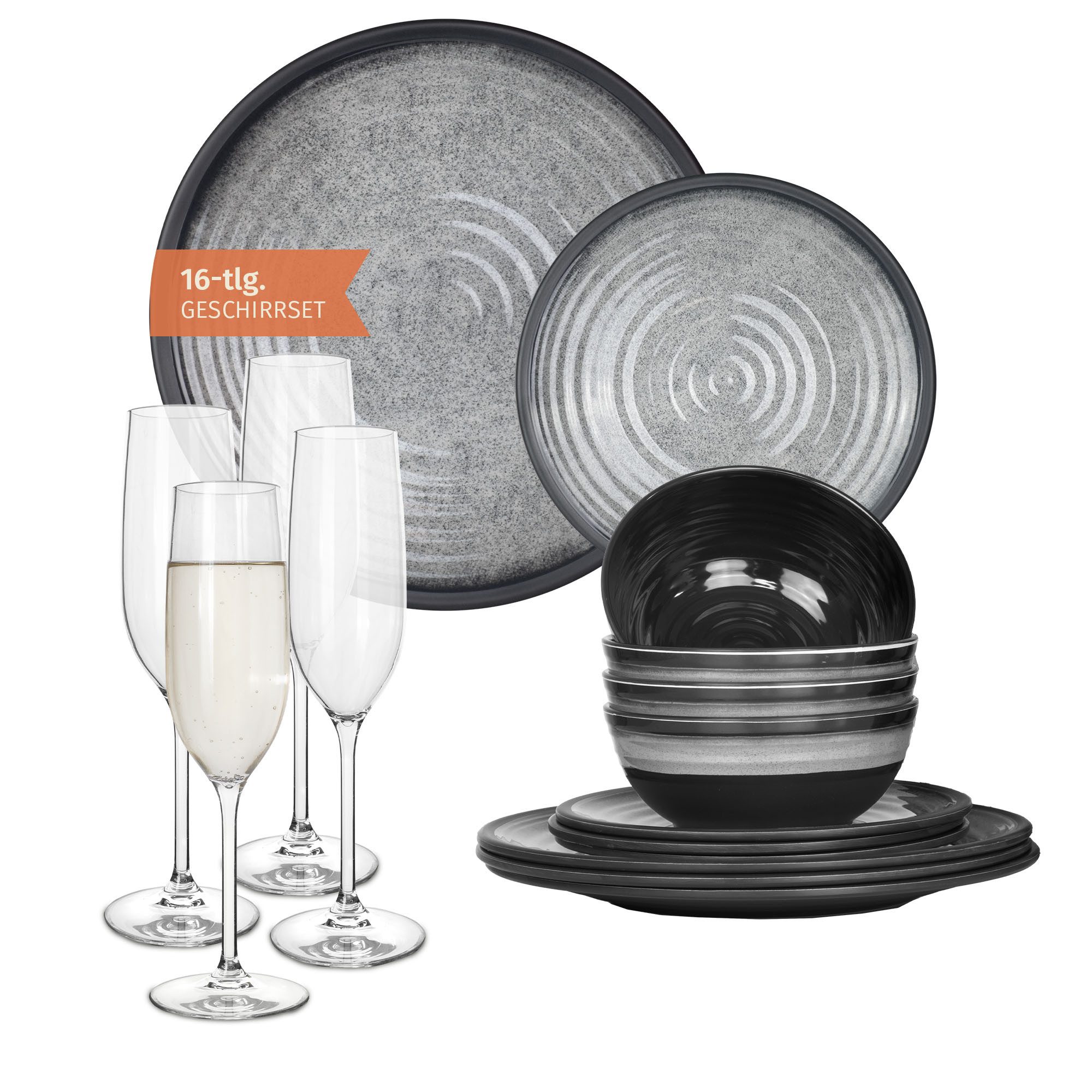 Moritz Geschirr-Set Camping Geschirr Stone Grey + Tiamo Champagnergläser