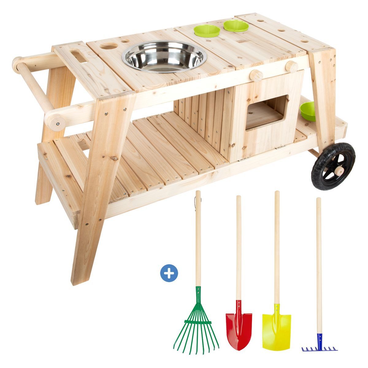 Small Foot Outdoor-Spielküche Garten-Spielset, Kinder Garten Matschküche Spielküche mit Rädern & Gartenwerkzeug