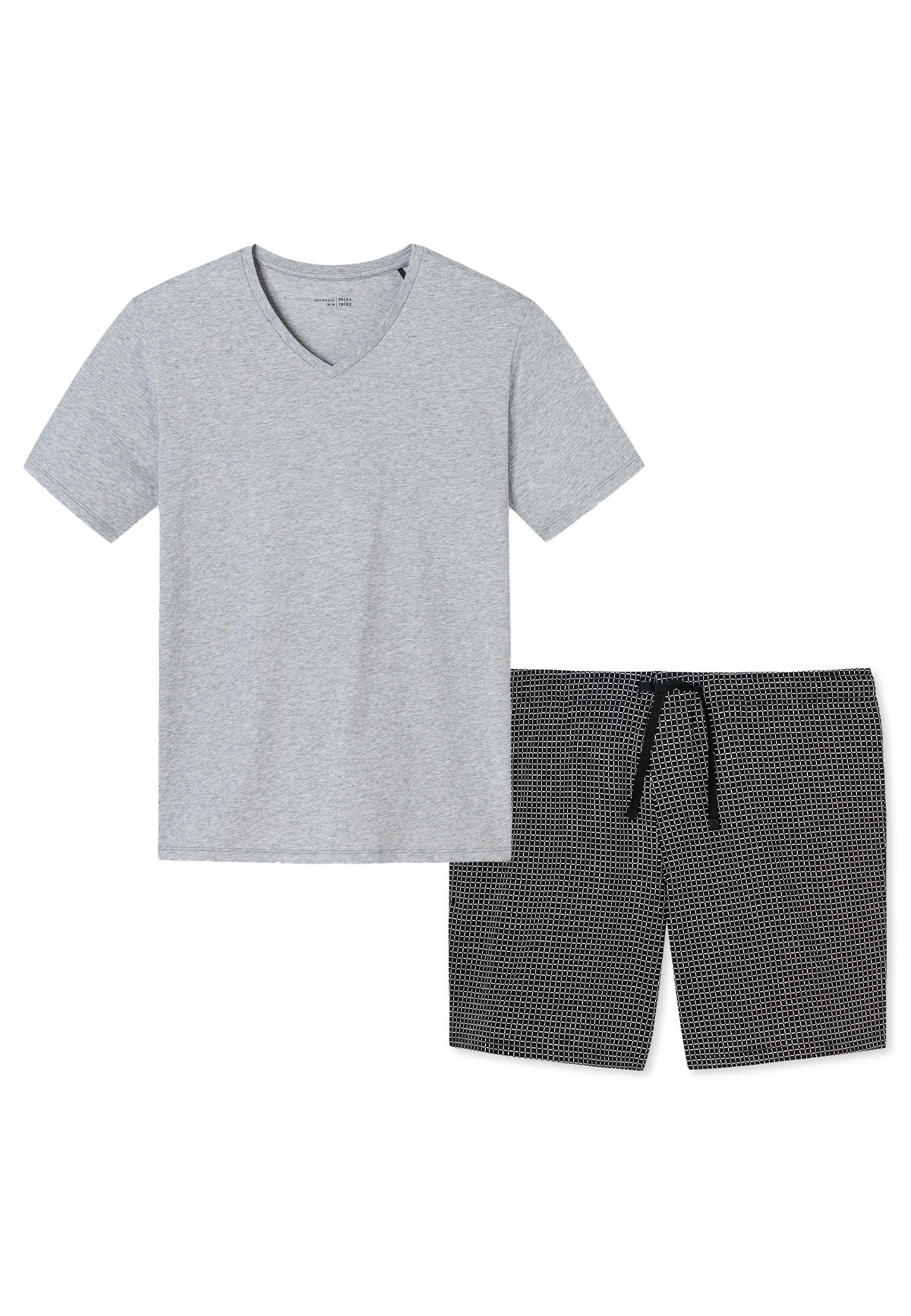 Mix Baumwolle 2 tlg) Grau V-Ausschnitt Kurzarm-Shirt Schwarz / Schlafanzug Pyjama - Schiesser mit (Set, -