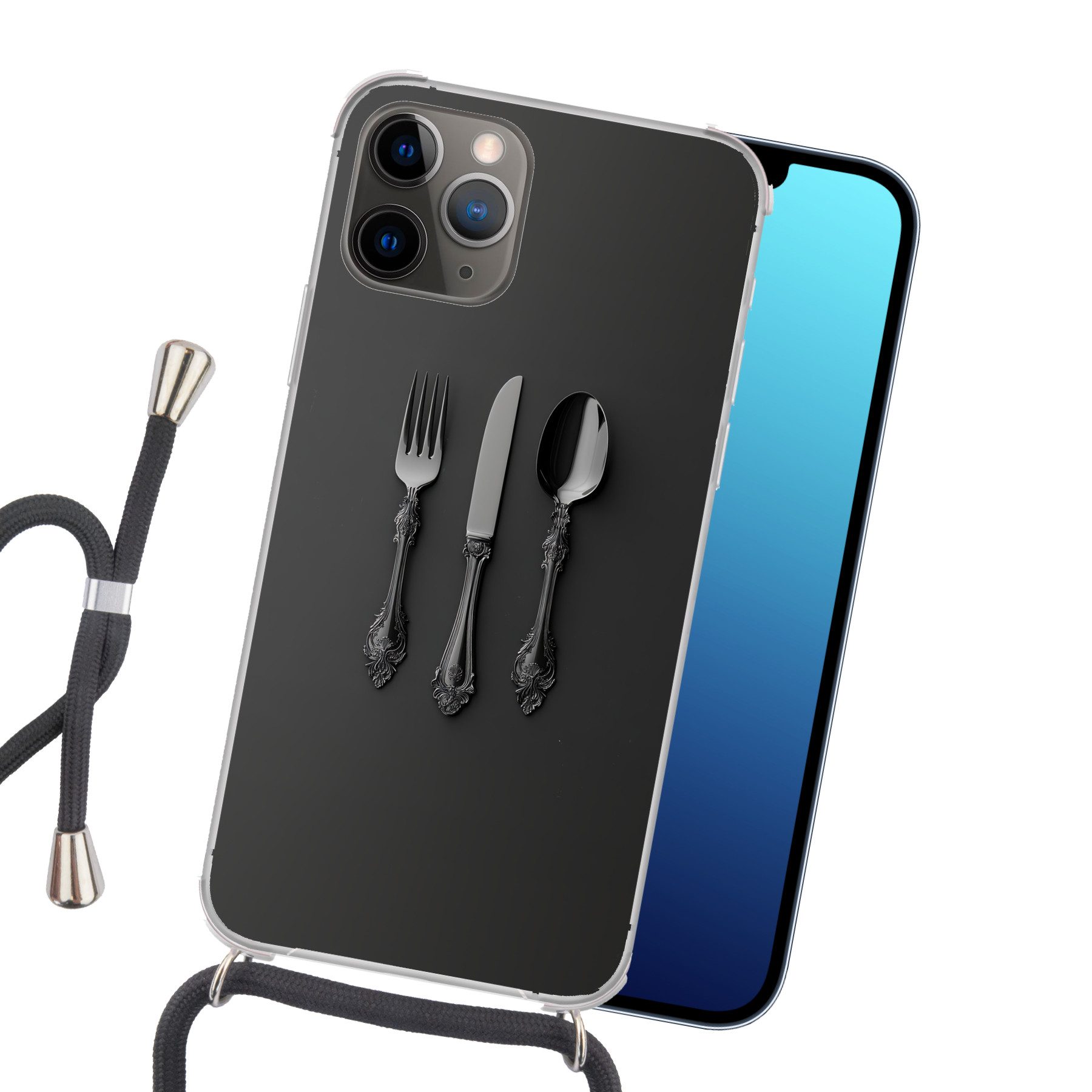 MuchoWow Handyhülle für Apple iPhone 13 Pro Max Besteck - Schwarz, Tragbare Handyhüllen mit Kette zum umhängen, Handykette Handyband