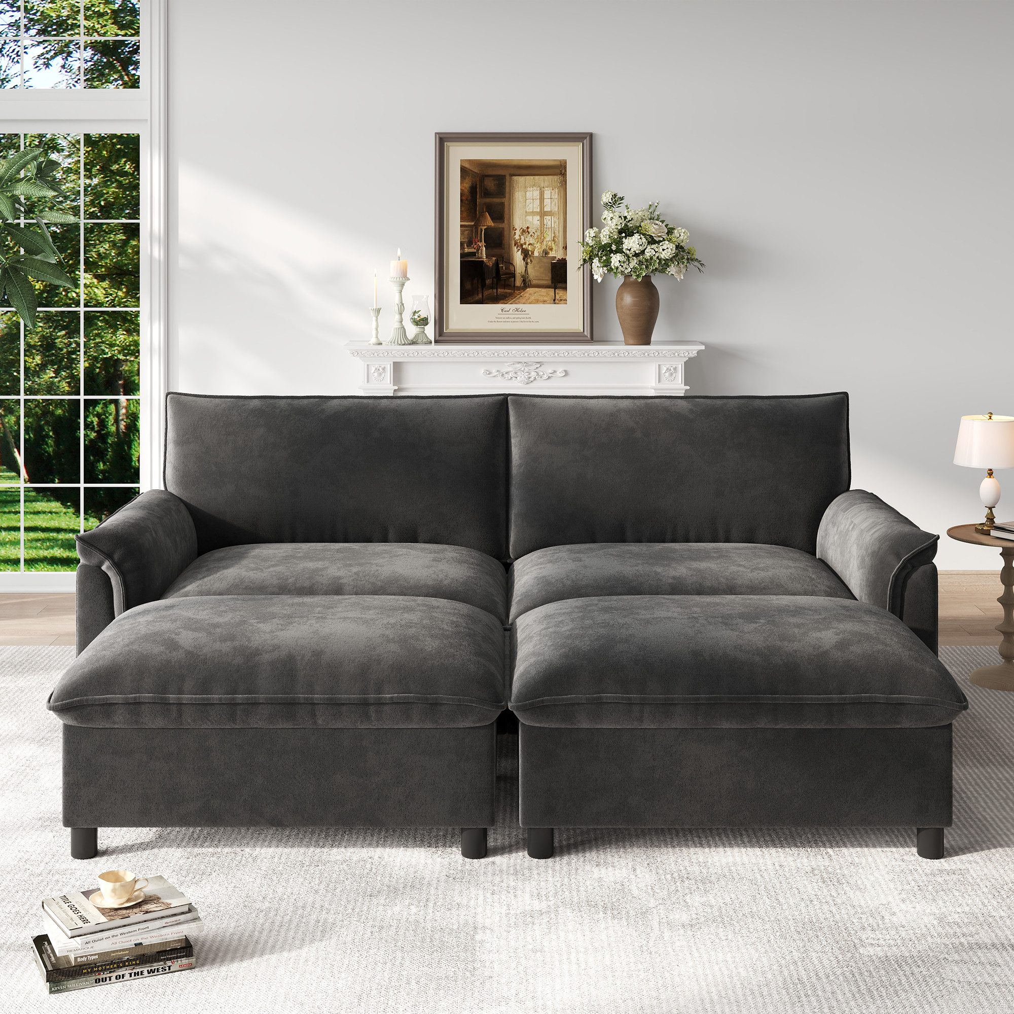 Refined Living Ecksofa Modulares Cloud Sofa, Ecksofa mit Deep Seat, Chenille, Stauraum-Hocker, 4-Sitzer + 2 Fußhocker, Schwarz, 216x77x82cm, Modulsofa Wohnzimmer, Chenille Bezug, Deep Seat 57cm, stabile Konstruktion, ideal für große Wohnzimmer, Familien und moderne Wohnräume, 1 Teile, modulare Kombination, zwei Stauraum-Hocker, Sofa-zu-Bett Funktion