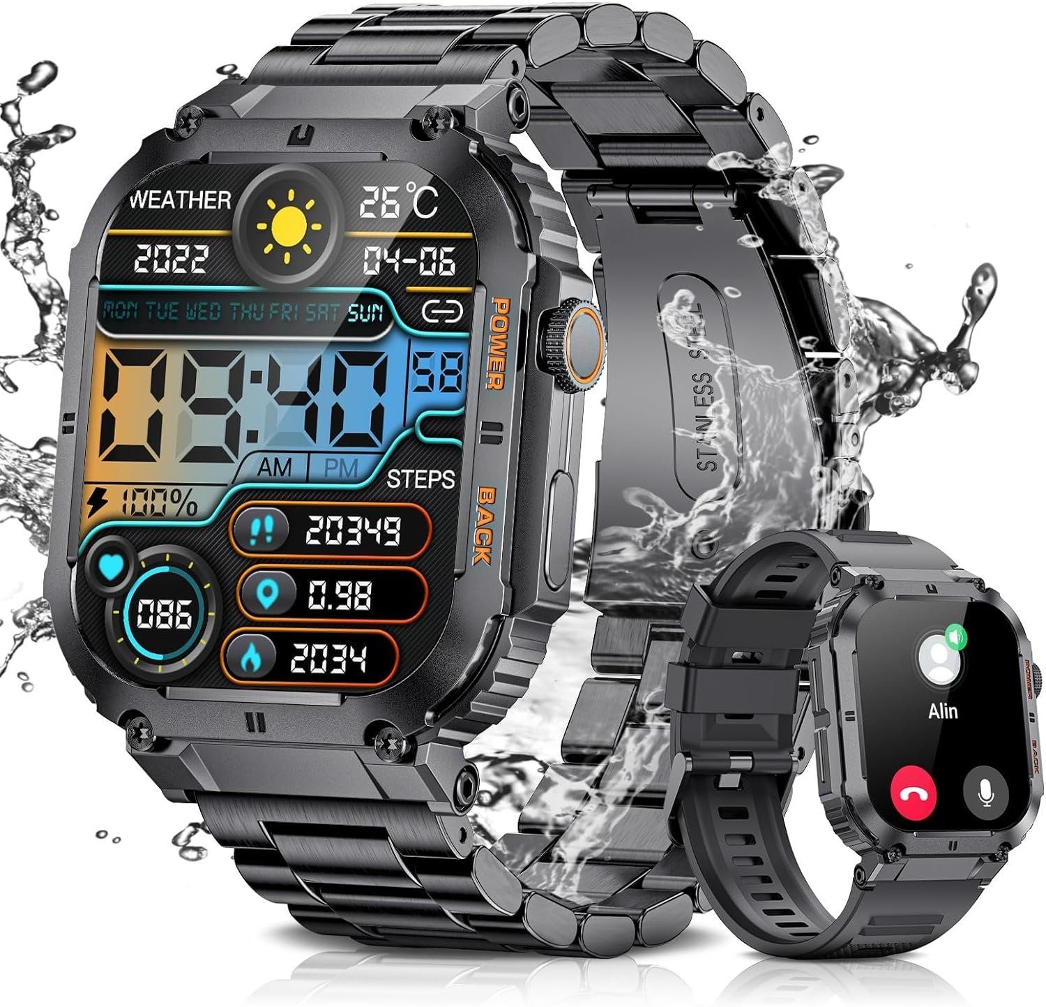 ESFOE Herren mit Telefonfunktion fitness Smartwatch (1.96 Zoll, Andriod  iOS), mit Schrittzähler/Blutdruckmessung,IP67 Wasserdicht Outdoor smartwatch