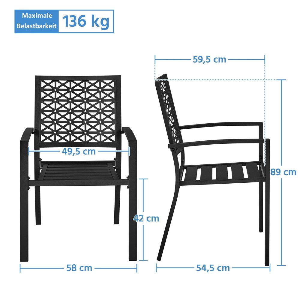 Yaheetech Gartenstuhl 2-er Set Outdoor-Esszimmerstuhl aus Metall, Metallstuhl 58 cm B × 59,5 cm T × 89 cm H bis 136 KG Belastbar