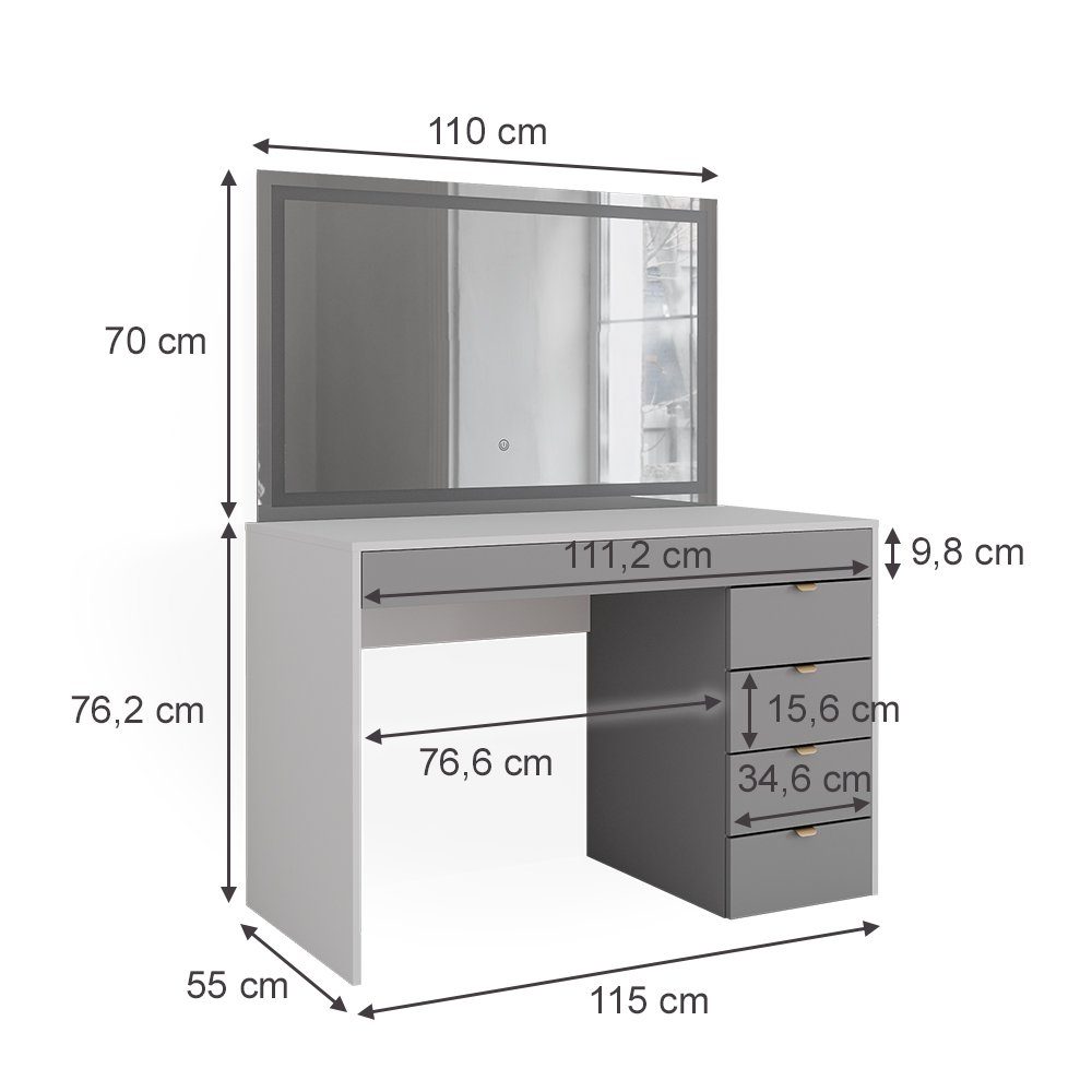 Vicco Schminktisch Elise, Weiß/Grau, 115 cm mit LED-Spiegel (2-St)