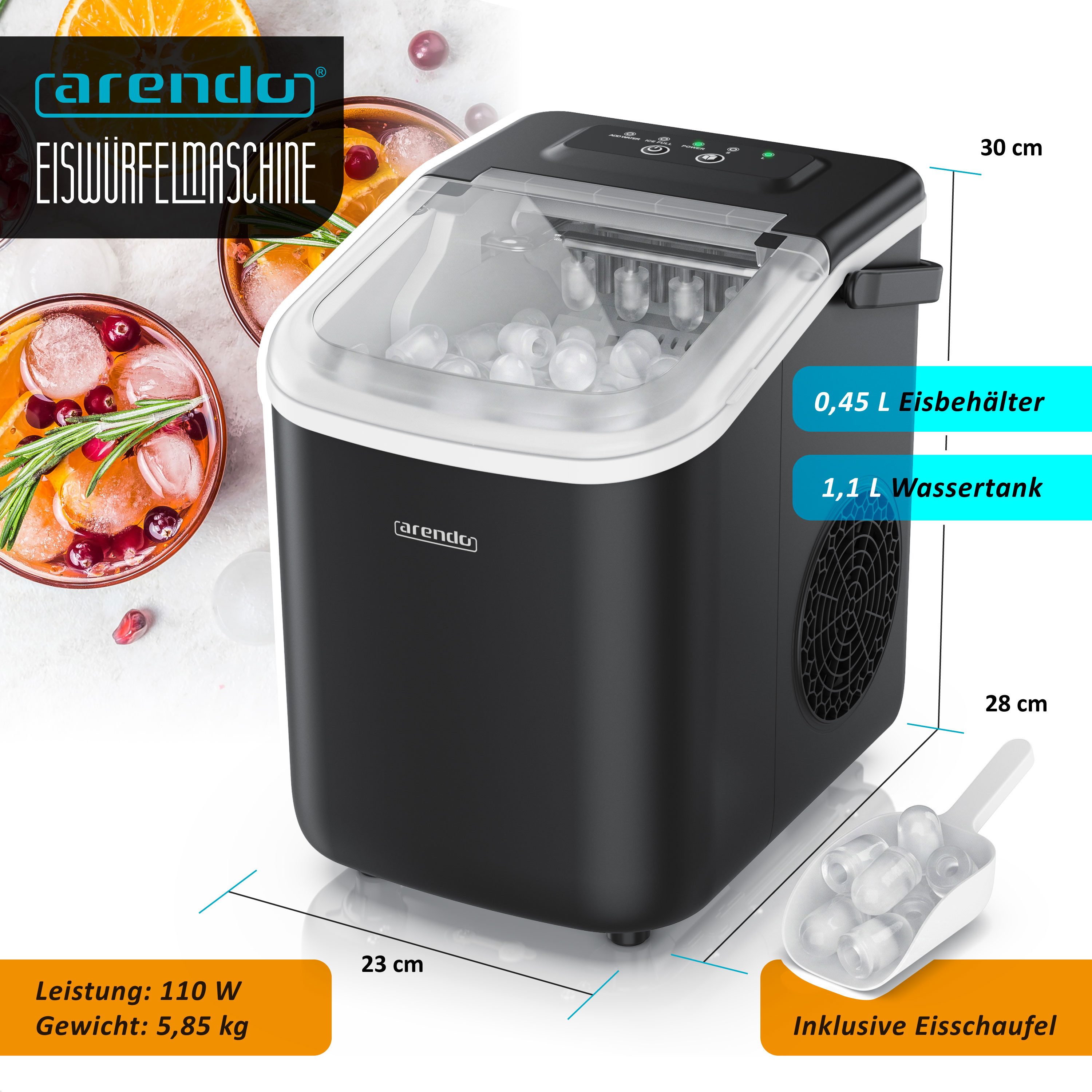 Arendo Eiswürfelmaschine Ice Maker Eiswürfelbereiter, max. 12kg Eiswürfe pro Tag, 1,1L Behälter, Eiswürfelautomat 2 Bullet-Größen, Sichtfenster, Tragegriff, doppelwand