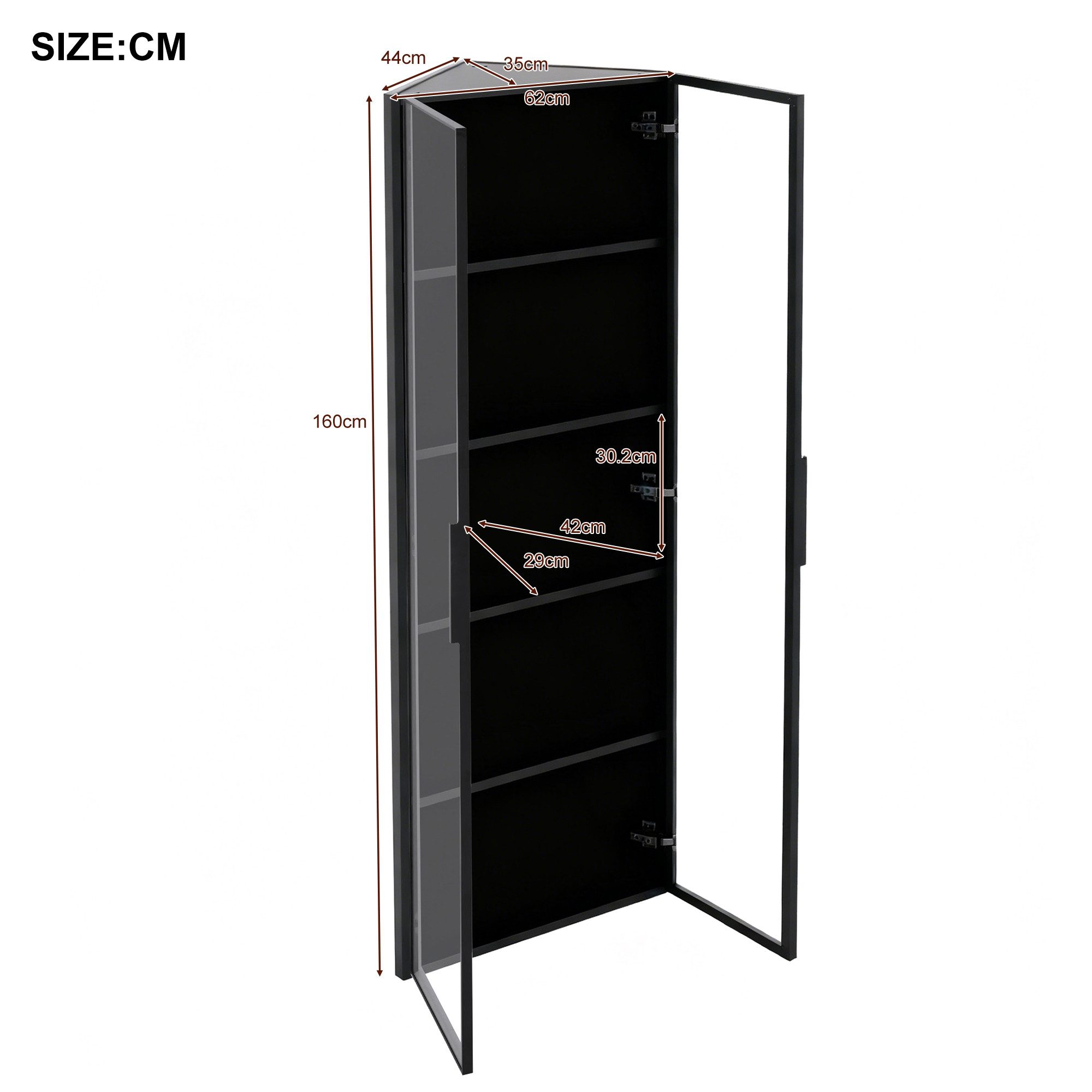 Merax Glasvitrine Eckschrank Eckvitrine mit LED Licht (1-St) Eckvitrine Hochschrank mit 2 Glastüren, Vitrinenschrank, 62x35x160cm