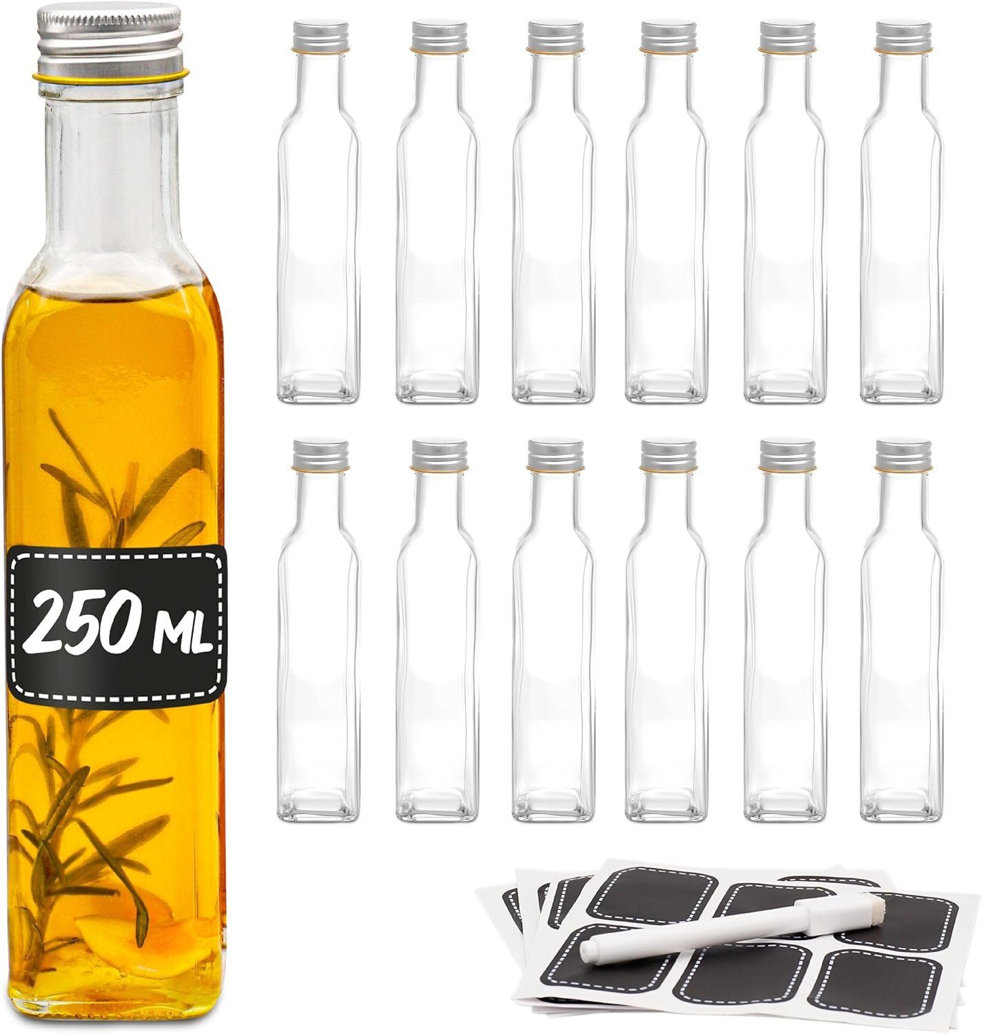 Praknu Trinkflasche 12er Set Glasflaschen 250ml Schraubverschluss Eckig - Leere Flaschen, Öl Flasche, Set Flaschen Aufbewahrung, Likörflaschen, Glasflasche