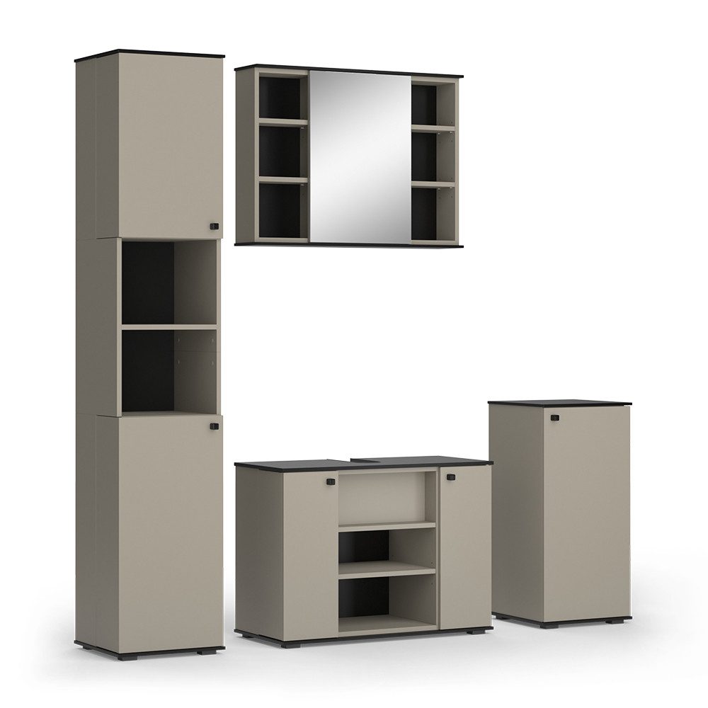 Vicco Badmöbel-Set Joli, Greige/Schwarz, 4 Teile, mit Hochschrank und Midischrank, (4-St., 4er Set)