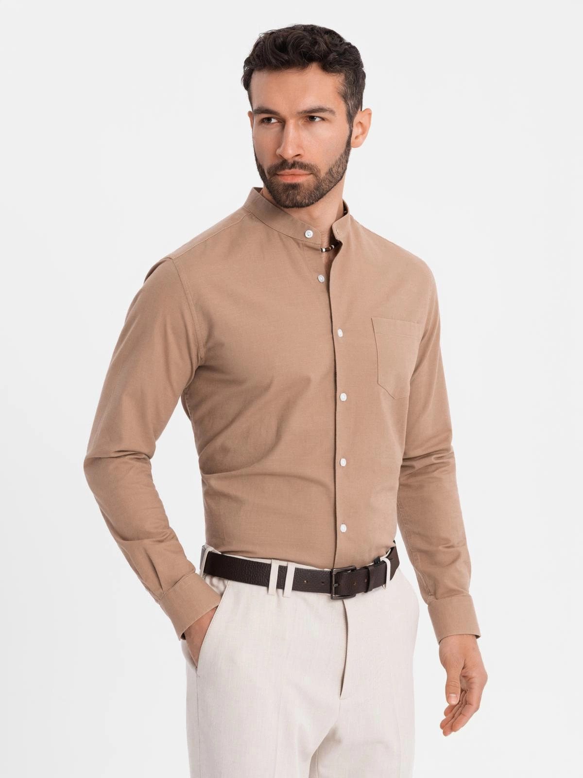 Langarmhemd Herren Leinenhemd mit Stehkragen und Tasche REGULAR FIT