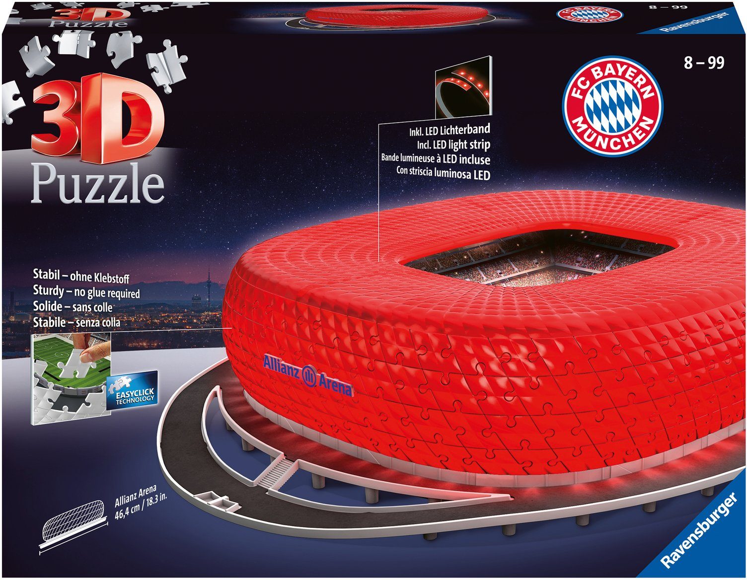 Ravensburger 3D-Puzzle Allianz Arena bei Nacht, 216 Puzzleteile, inkl.  LED-Lichterband; Made in Europe, FSC® - schützt Wald - weltweit, EasyClick  Technology für einfaches Ineinanderstecken