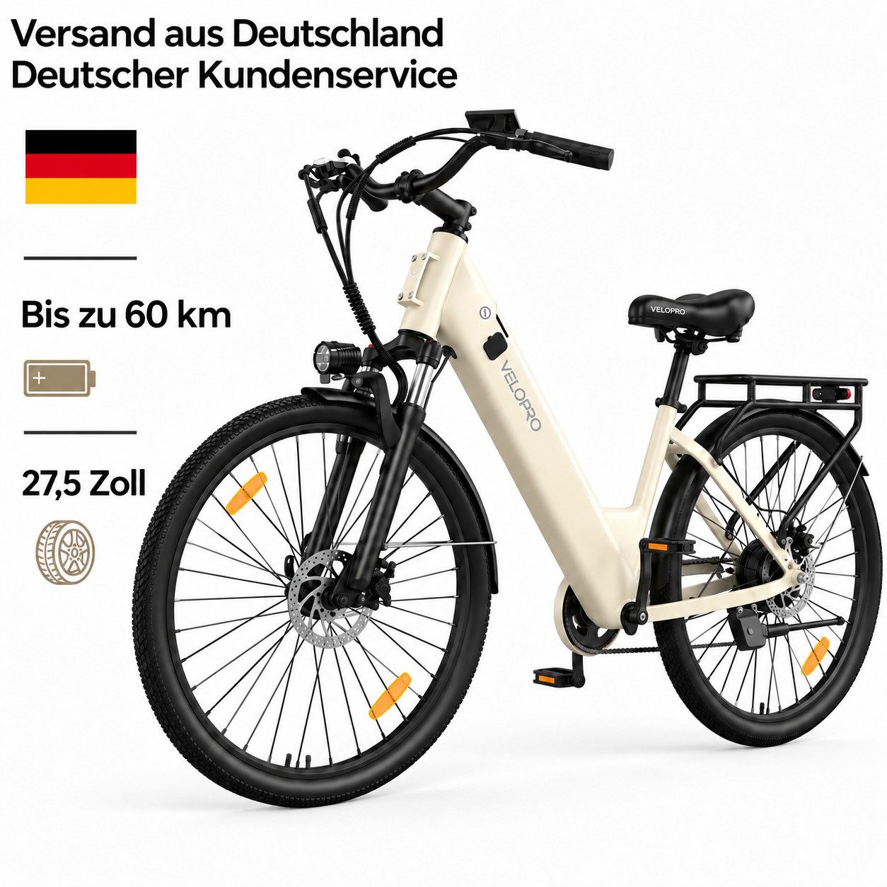 PIXAR E-Bike Cityrad Velopro C1 27,5 Zoll City Elektrofahrrad, 36 V 13 Ah Akku, 7-Gang, 7 Gang, Heckmotor, 468 Wh, Multifunktions-LCD; 250W Heckmotor; Gepäckträger