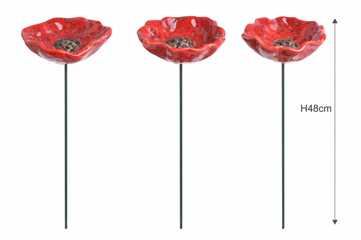 finehomegarden Gartenstecker Blüte Mohnblume Gartenstecker Insektentränke Ø8x7,9cm Stab 62cm (Set, 3-St., 3tlg.-Set) Keramik rot 3fach sort. Blütenstecker 2Größen wählbar 271441