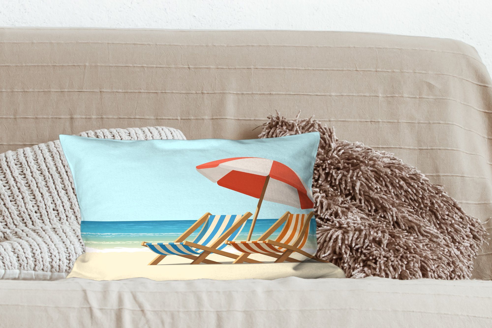 MuchoWow Dekokissen Sommer Illustration mit zwei von Strandkörben, Füllung, Dekokissen Schlafzimmer Zierkissen, Dekoration, Wohzimmer