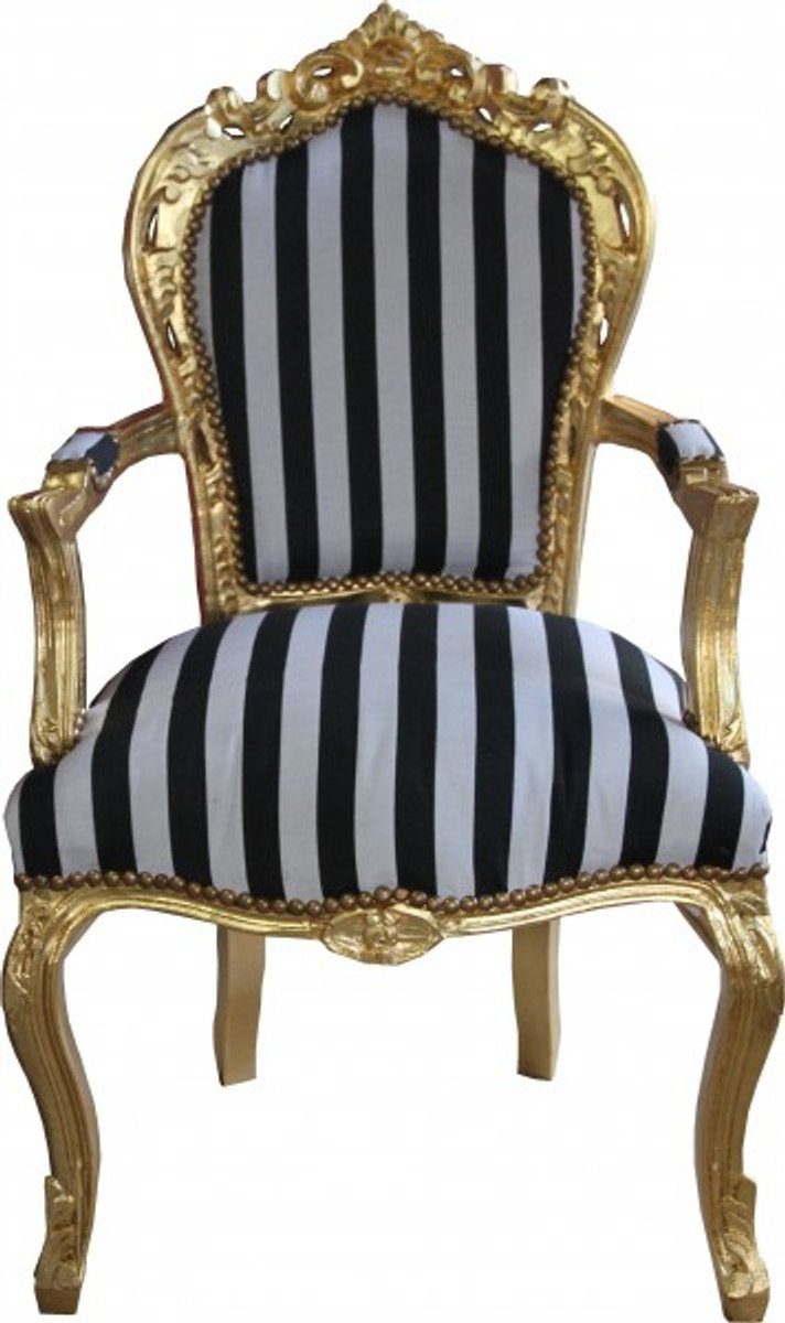 Casa Padrino Esszimmerstuhl Barock Esszimmerstuhl Schwarz/Weiß Streifen / Gold mit Armlehnen - Antik Stil Stuhl
