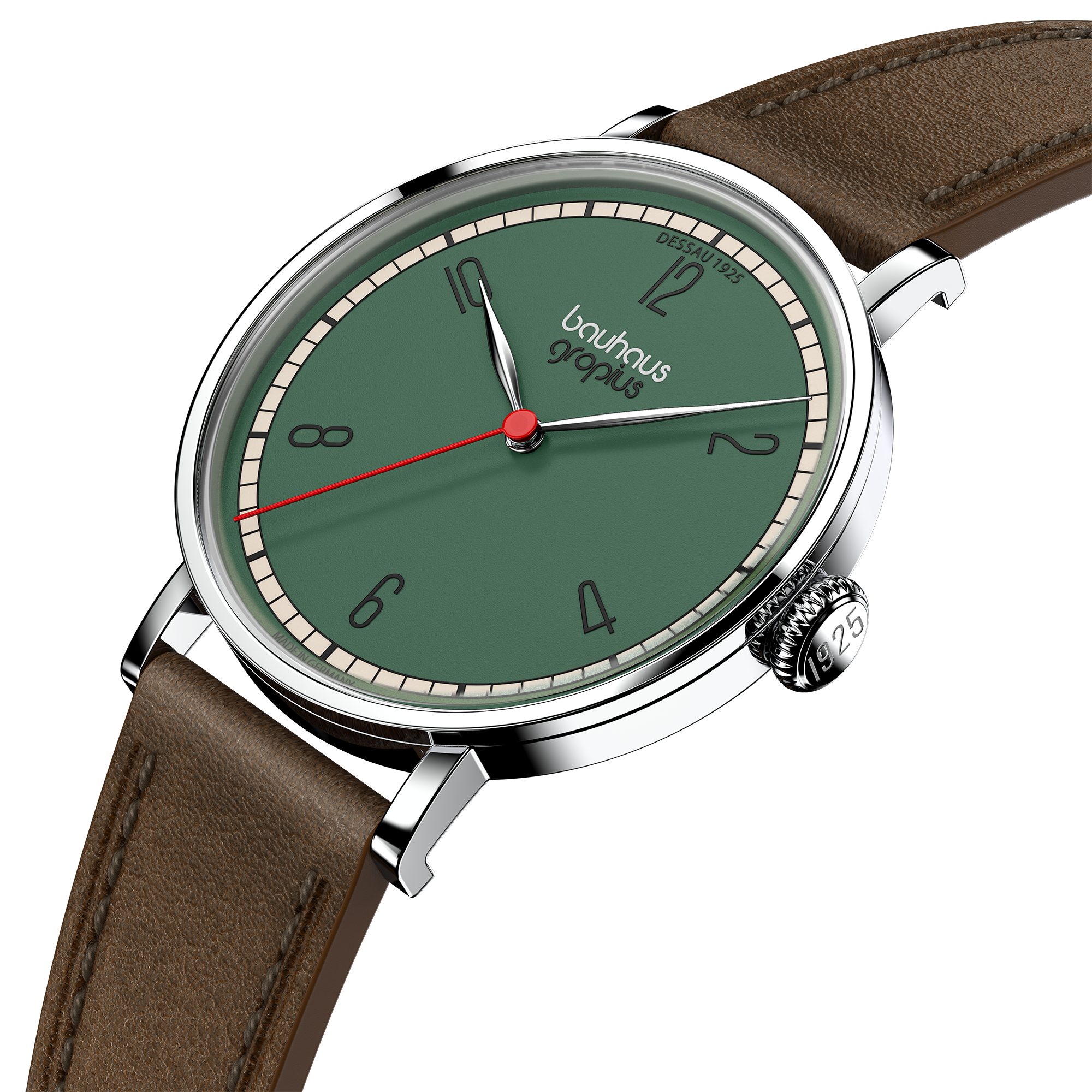 Walter Gropius Quarzuhr Made in Germany, Damenuhr, Herrenuhr, Unisex, Saphirglas - WGN 003-05, Armbanduhr, Lederarmband, Edelstahlgehäuse, New Bauhaus Dessau 1925