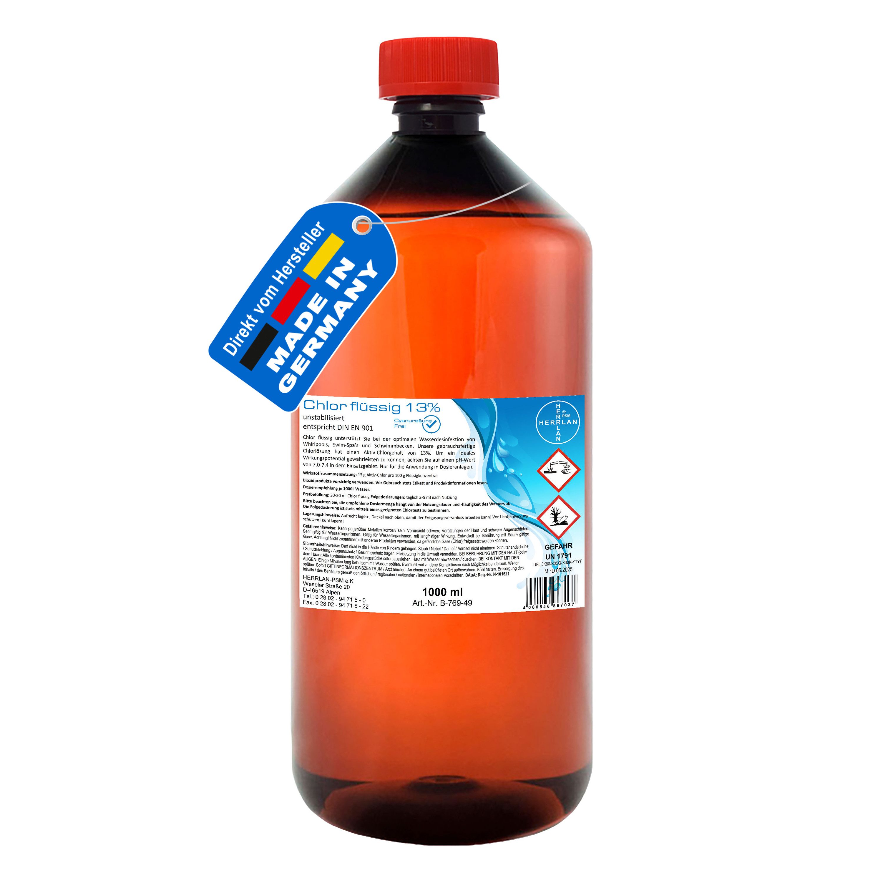 HERRLAN Poolpflege Chlor flüssig, (1 Liter, UNSTABILISIERT mit 13% Aktivchlorgehalt)