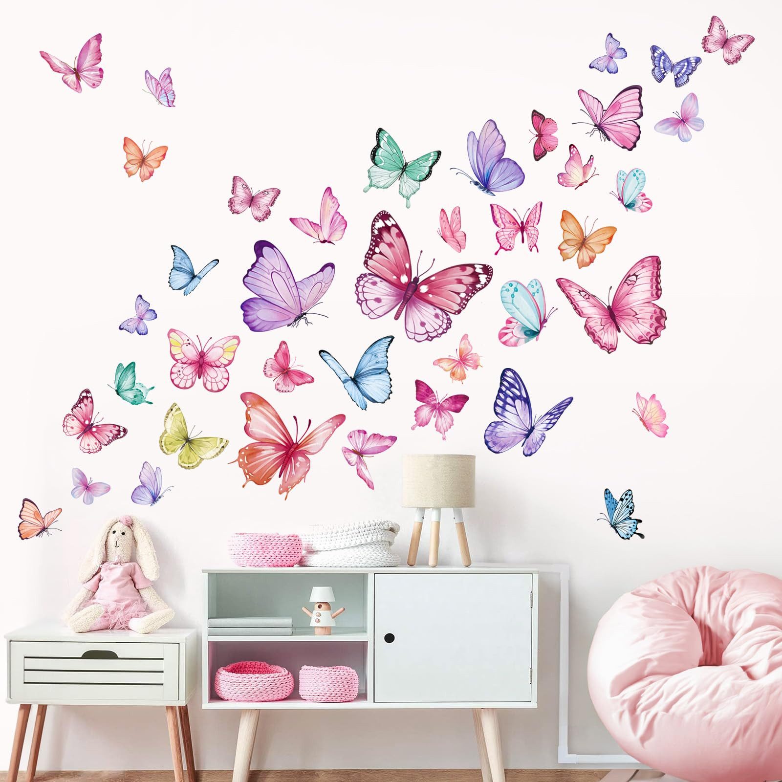 FOUORTUNATE-BEE Wandtattoo Schmetterling Wandsticker Rosa Kinderzimmer Mädchen Wanddeko 2er Set, Wandtattoo für Babyzimmer Spielzimmer Schlafzimmer Wohnzimmer Deko