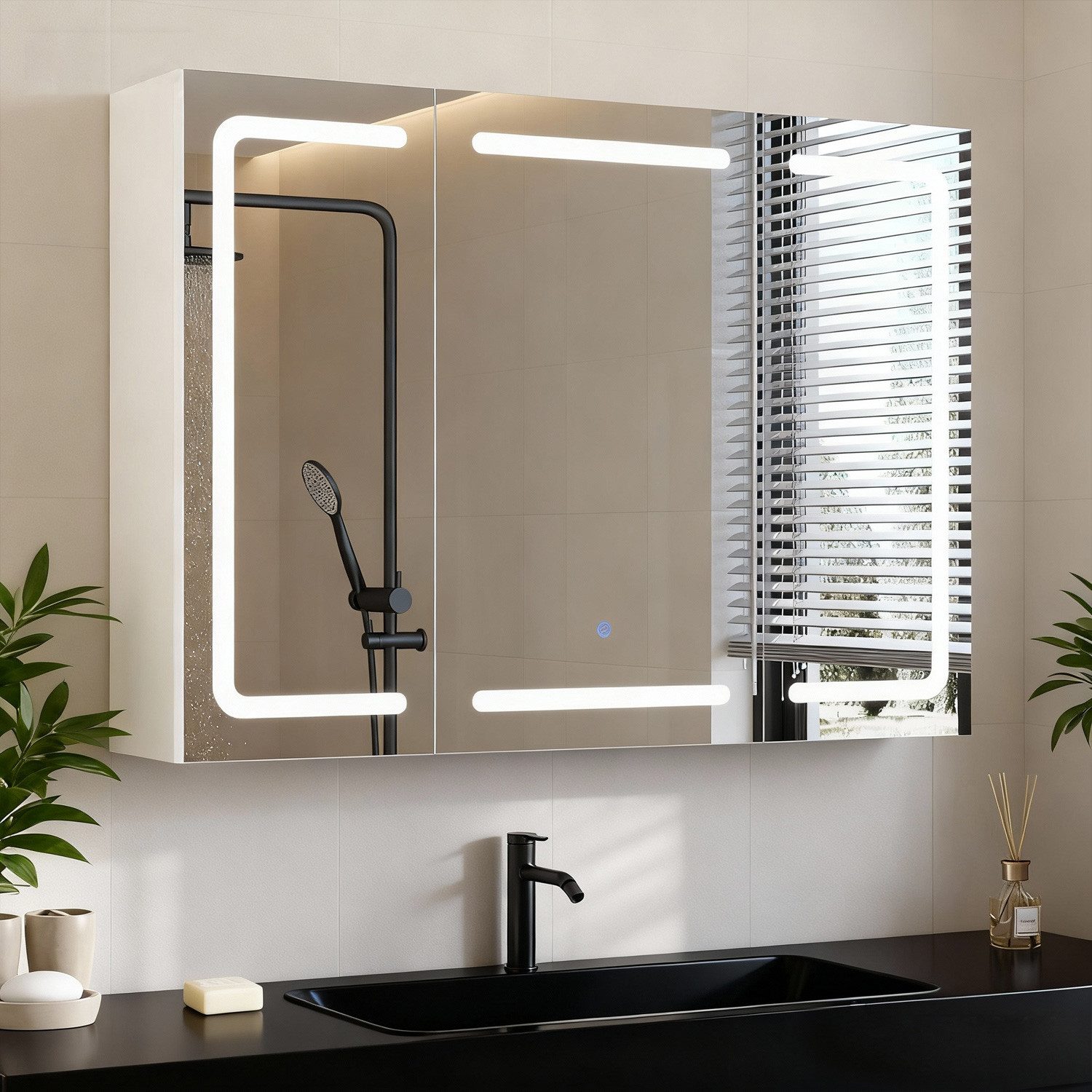 MSMASK Badezimmerspiegelschrank mit LED-Spiegel, 3 Farbtemperaturen, Dimmfunktion (1-St) Spiegelschrank Badezimmerschrank, 80x60x16cm