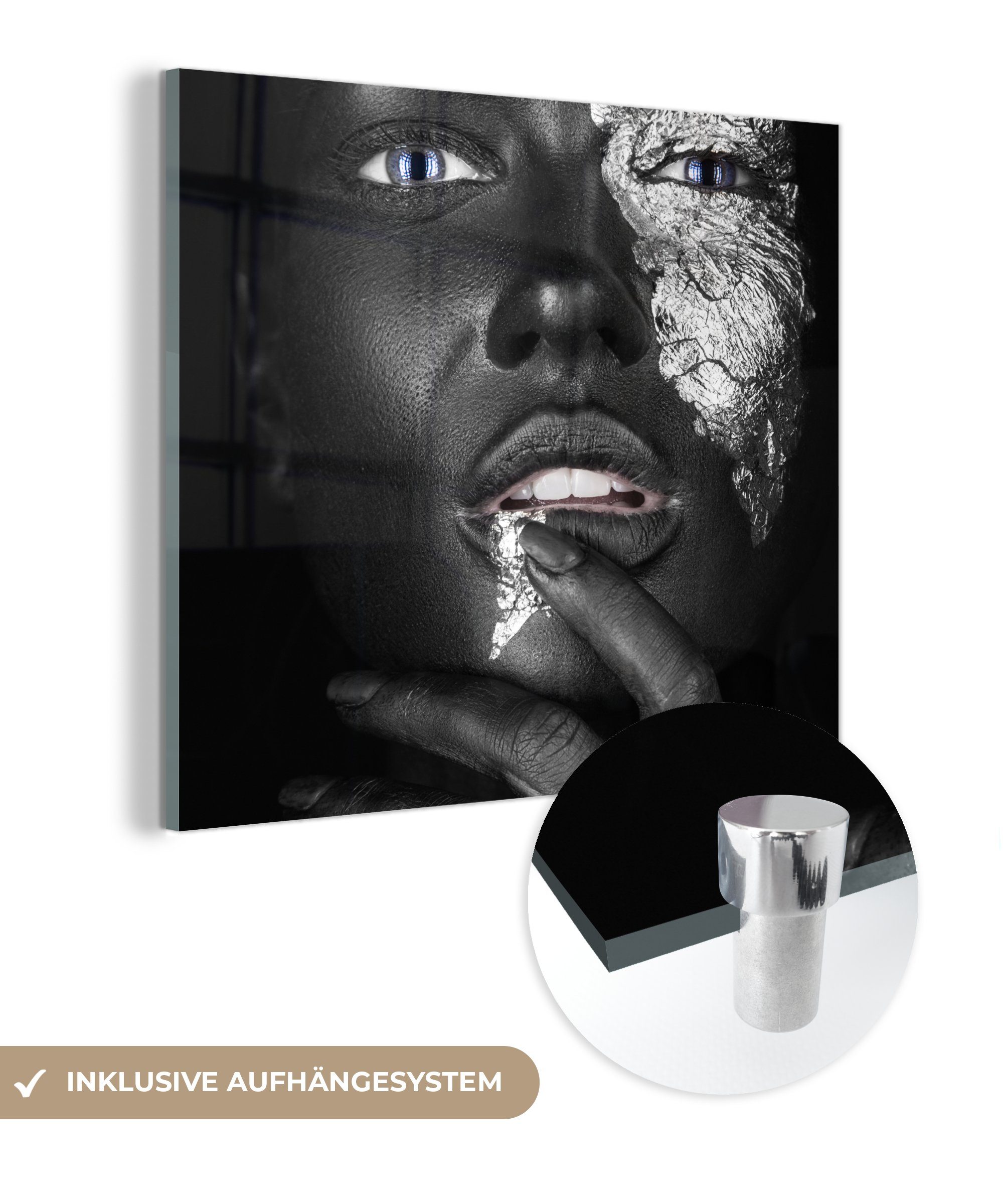 MuchoWow Acrylglasbild Frau - Silber - Schwarz - Farbe, (1 St), Glasbilder - Bilder auf Glas Wandbild - Foto auf Glas - Wanddekoration