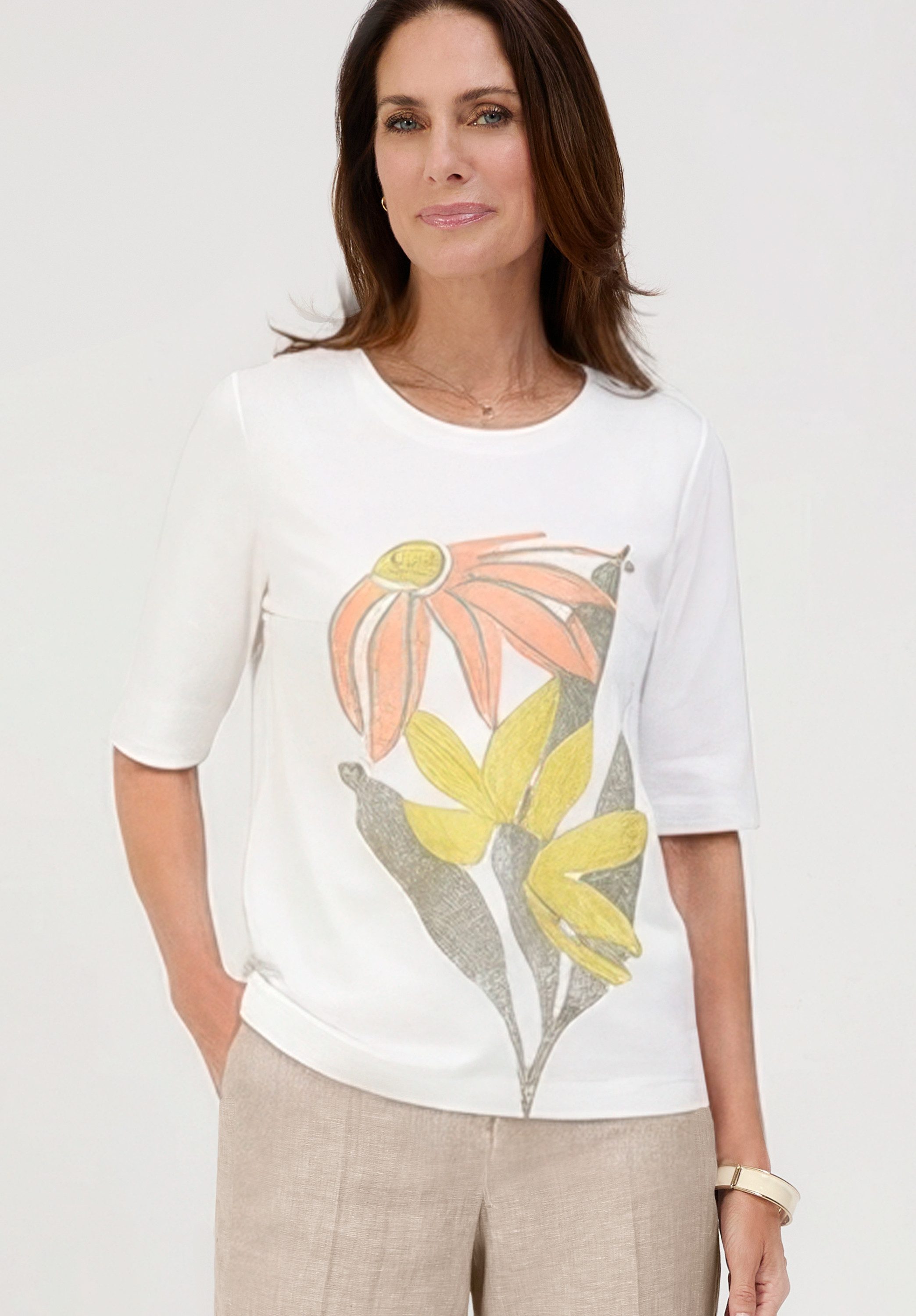 bianca Print-Shirt DINIA mit farbigem Frontmotiv und Kordelapplikation
