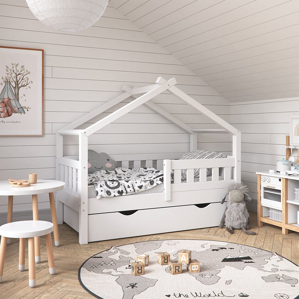 Hausbett Design, Weiß, 70x140 cm mit Schublade