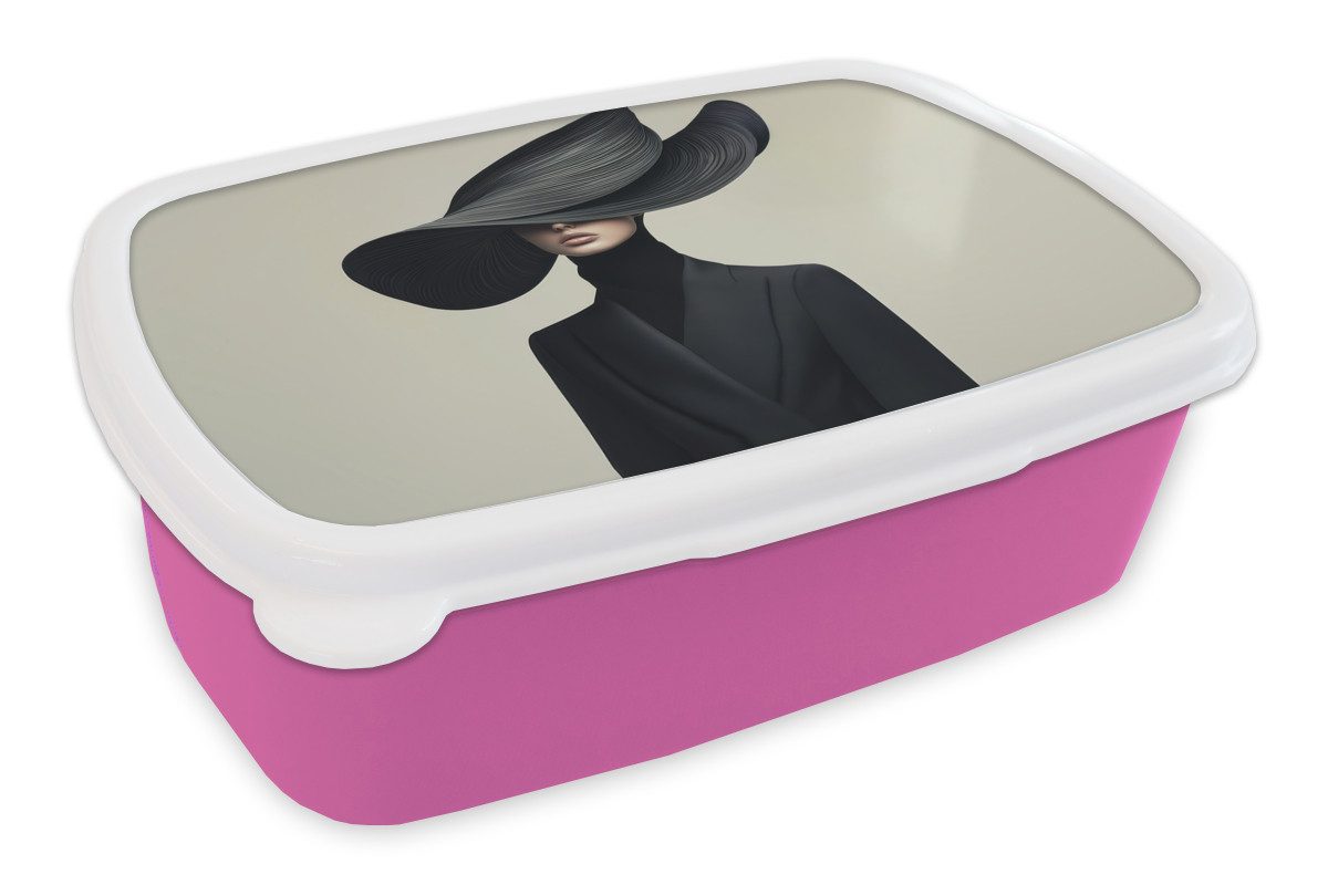 MuchoWow Lunchbox Schwarz - Frau - Hut, Kunststoff, (2-tlg), Brotdosen, Lunch Box, Brotbox für Kinder und Erwachsene