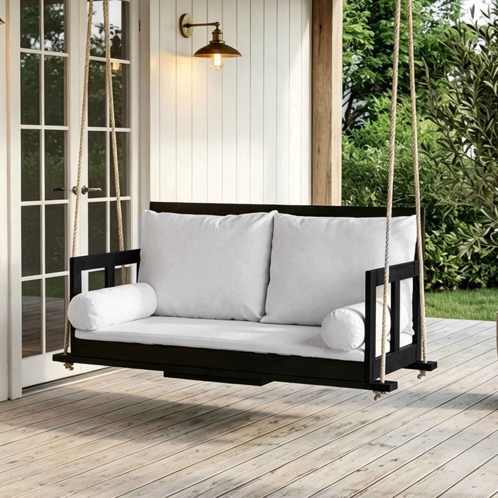 REDOM Hängesessel Inkl. abnehmbarem & waschbarem Kissen, 2 Seile (Packung, 1-St., Schaukel-Doppelsitz für Garten, Schwarz/Beige, Akazienholz), Hängeschaukel für Terrasse & Balkon, Gestell nicht enthalten