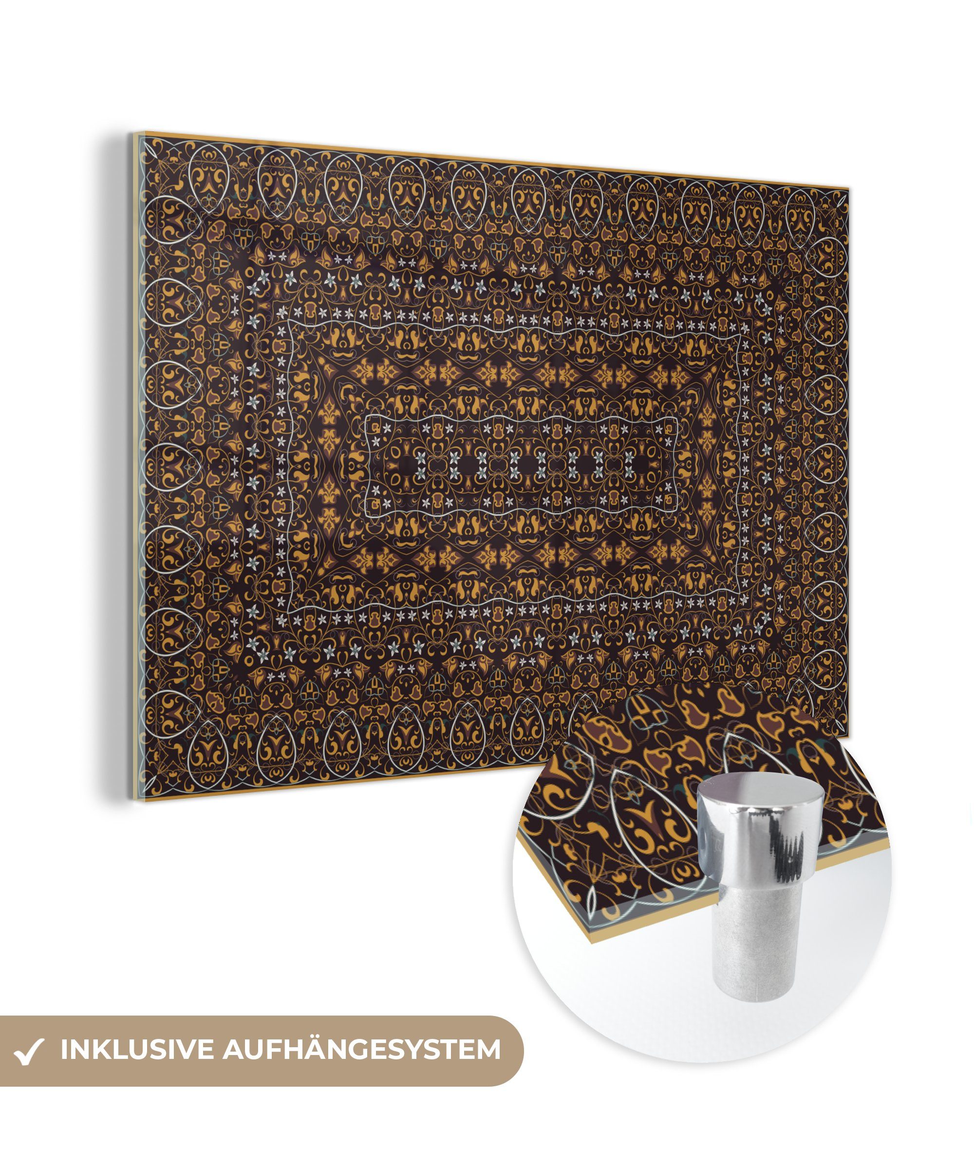 MuchoWow Acrylglasbild Persische Teppiche - Teppiche - Muster - Orange, (1 St), Acrylglasbilder Wohnzimmer & Schlafzimmer