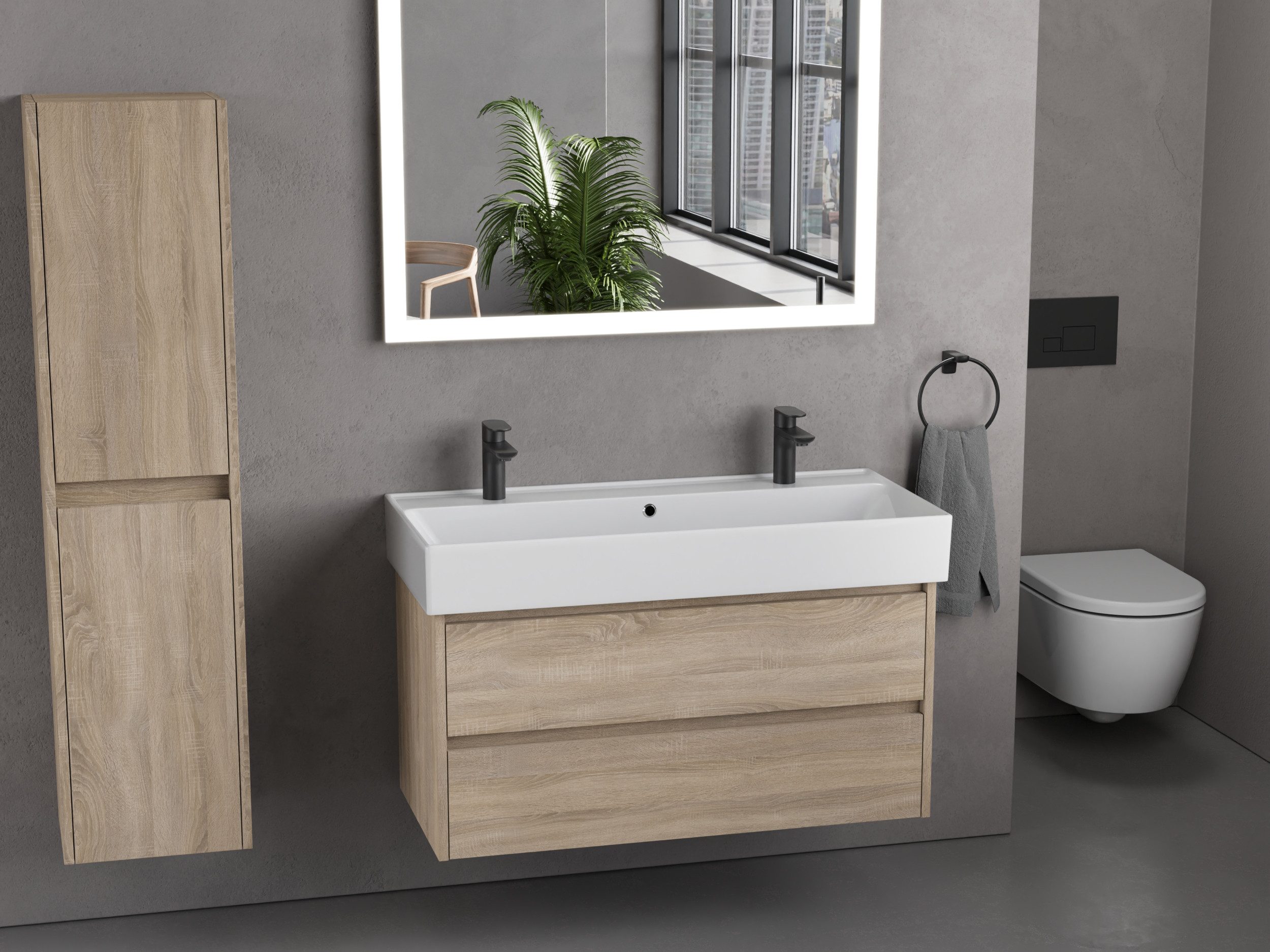 Aqua Bagno Badmöbel-Set Badmöbel Waschtisch-Set 100 cm Eiche Gold Doppelwaschtisch, (vormontiert, 2-St., Badmöbelschrank melaminbeschichtet, Keramikwaschbecken), einfache Montage, Badschrank