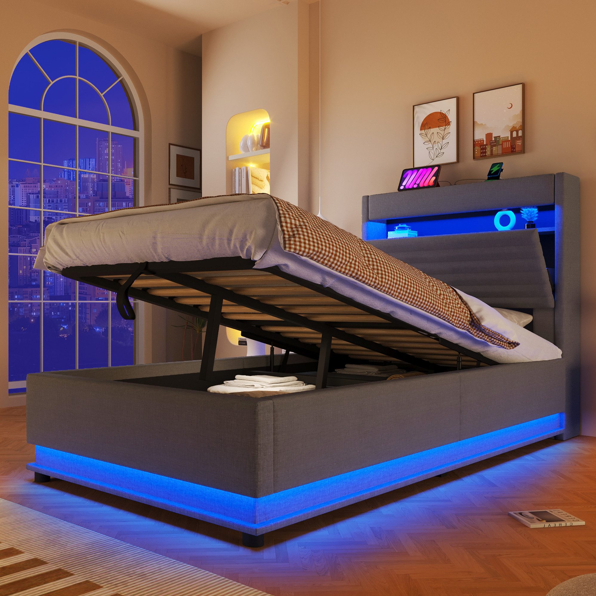 Merax Polsterbett mit LED-Beleuchtung und USB/Typ-C Ladefunktion (Leinenstoff, 1-tlg., Mehrzweckbett), Jugendbett 140x200cm mit hydraulischem Stauraum & Flip-Top-Staufach