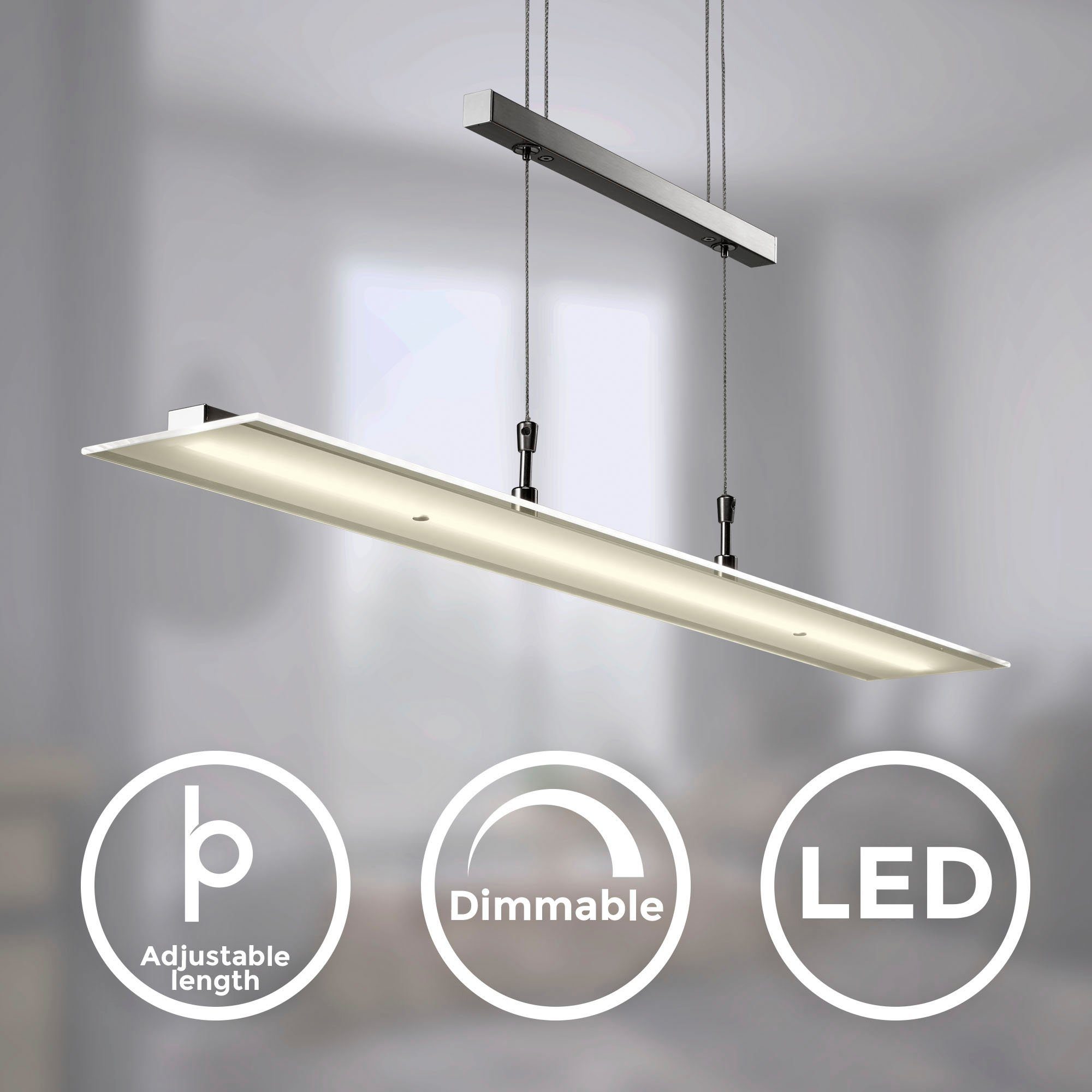 B.K.Licht Pendelleuchte BK_PL1001 LED Pendelleuchte, Dimmbar, 20W,  Höhenverstellbar, Echtglas, Dimmfunktion, LED fest integriert, Warmweiß,  3.000K, Warmweißes Licht, 1.600 lm, Esstischlampe, B: 85cm, Silber