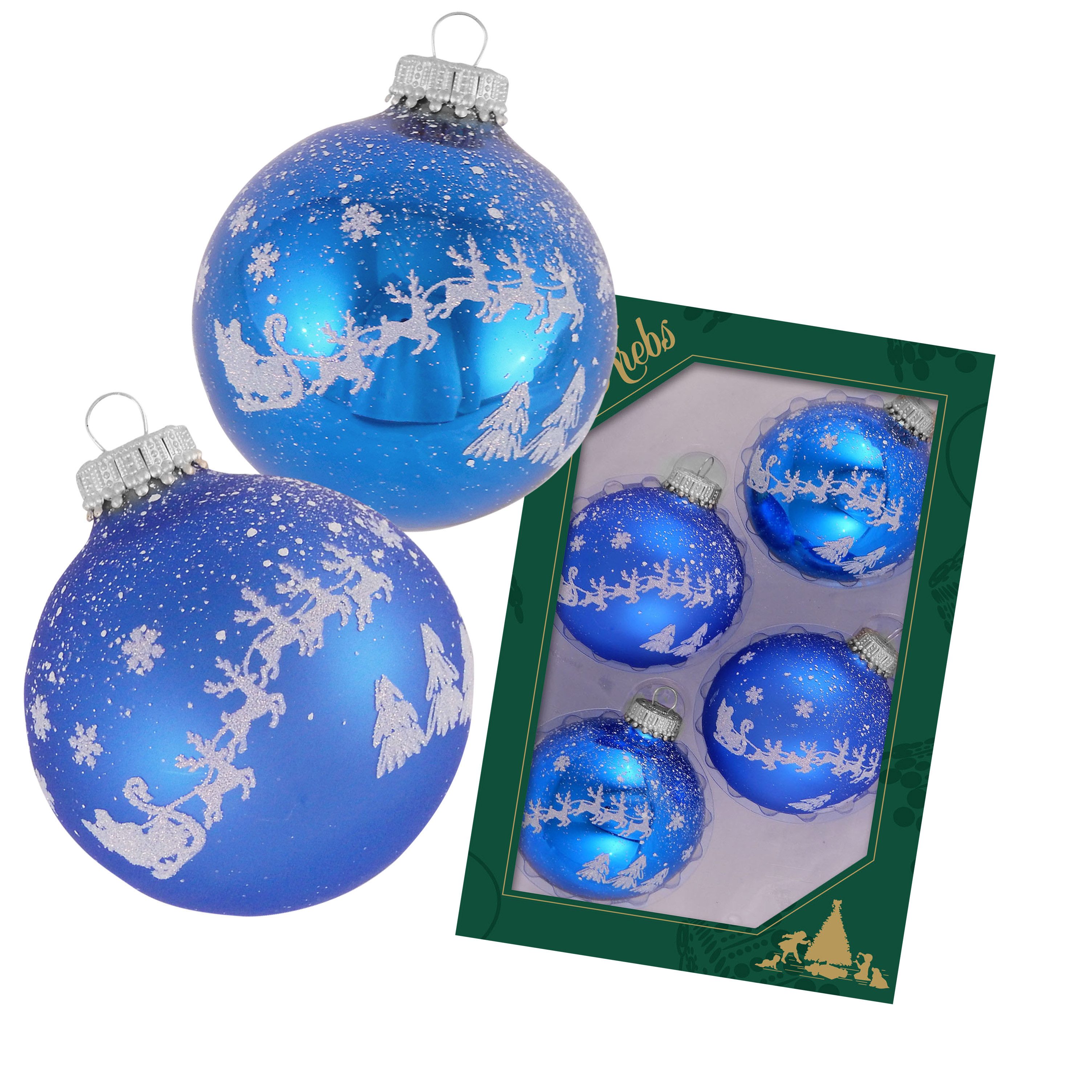 Krebs Glas Lauscha Weihnachtsbaumkugel Weihnachtskugeln Rentiere im Winterwald Blau 7cm (4 St), Glas