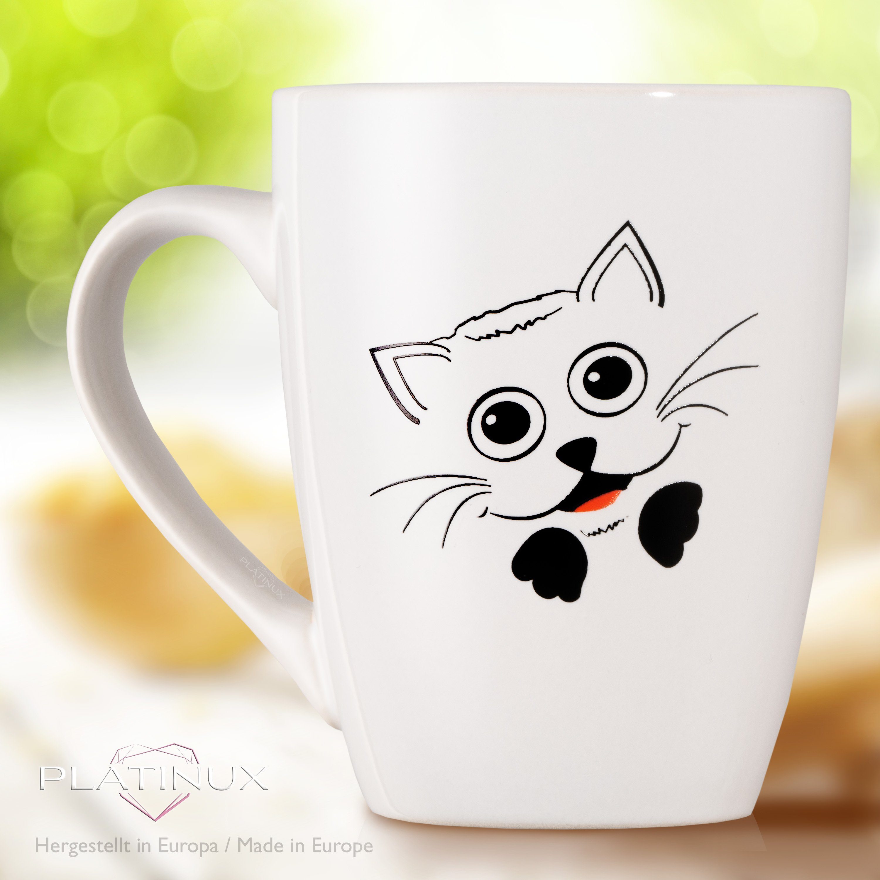 Kaffeetasse Griff Motiv Kaffeebecher Tasse Katzen Teebecher Keramik, "Felix" mit Keramik PLATINUX 250ml, mit Teetasse (max. Tasse 300ml)