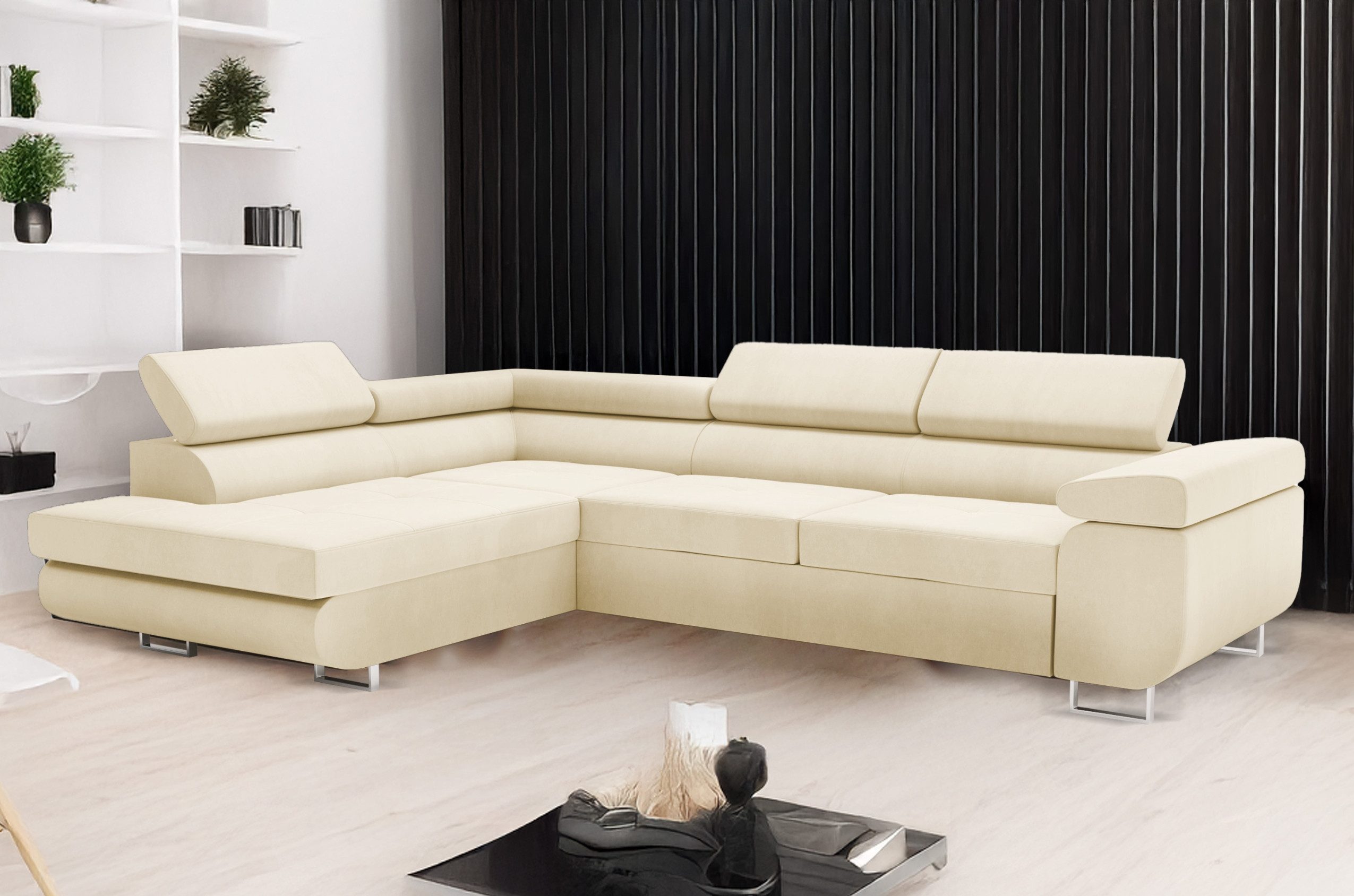 Goldstoff Ecksofa hochwertiges Sofa mit Schlaffunktion, Couch mit Schlaffunktion für Wohnzimmer - Schlafsofa - Eckcouch, Eckcouch mit praktischem Bettkasten in beige