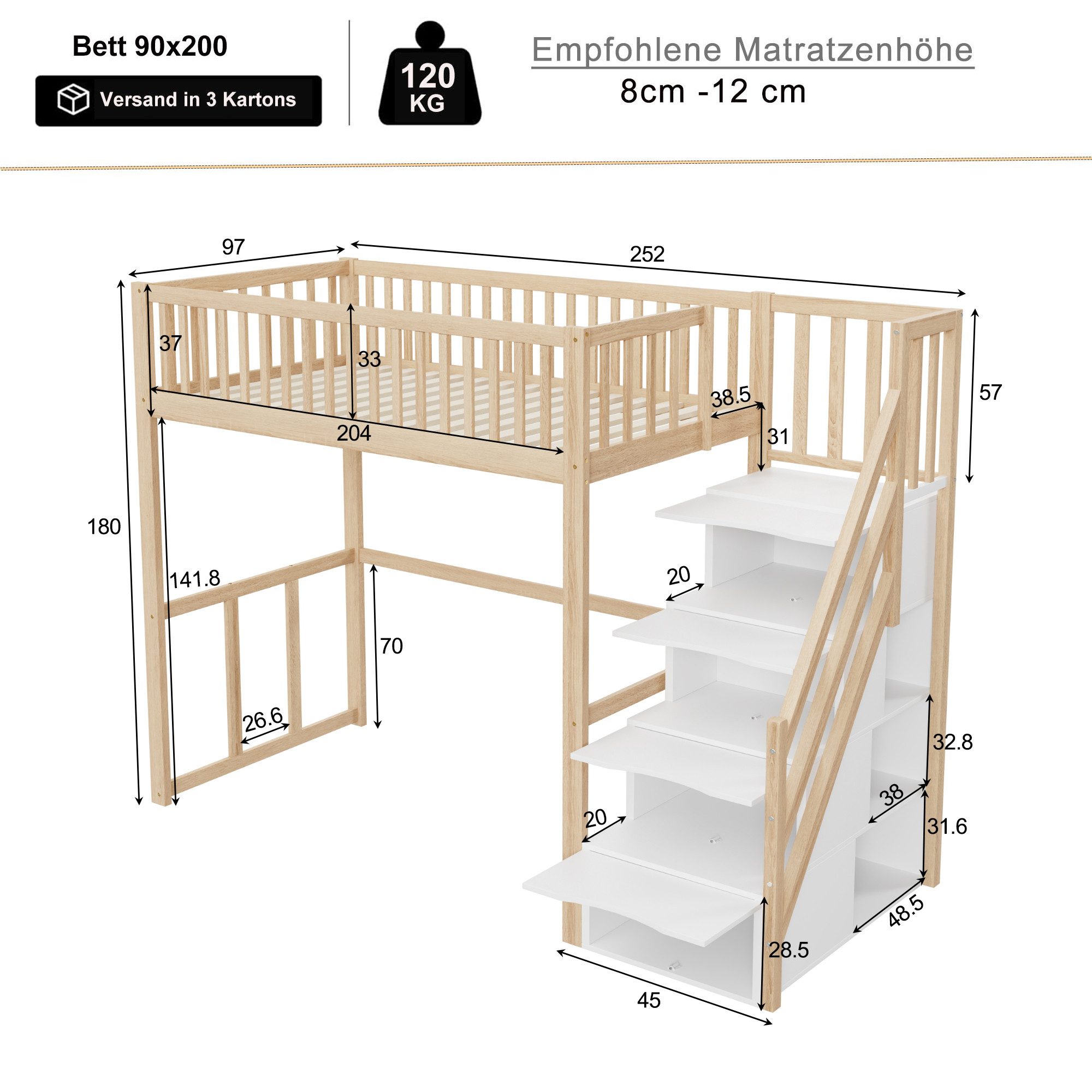 Flieks Hochbett Massivholz Kinderbett Einzelbett 90x200cm mit Stauraumtrepp günstig online kaufen