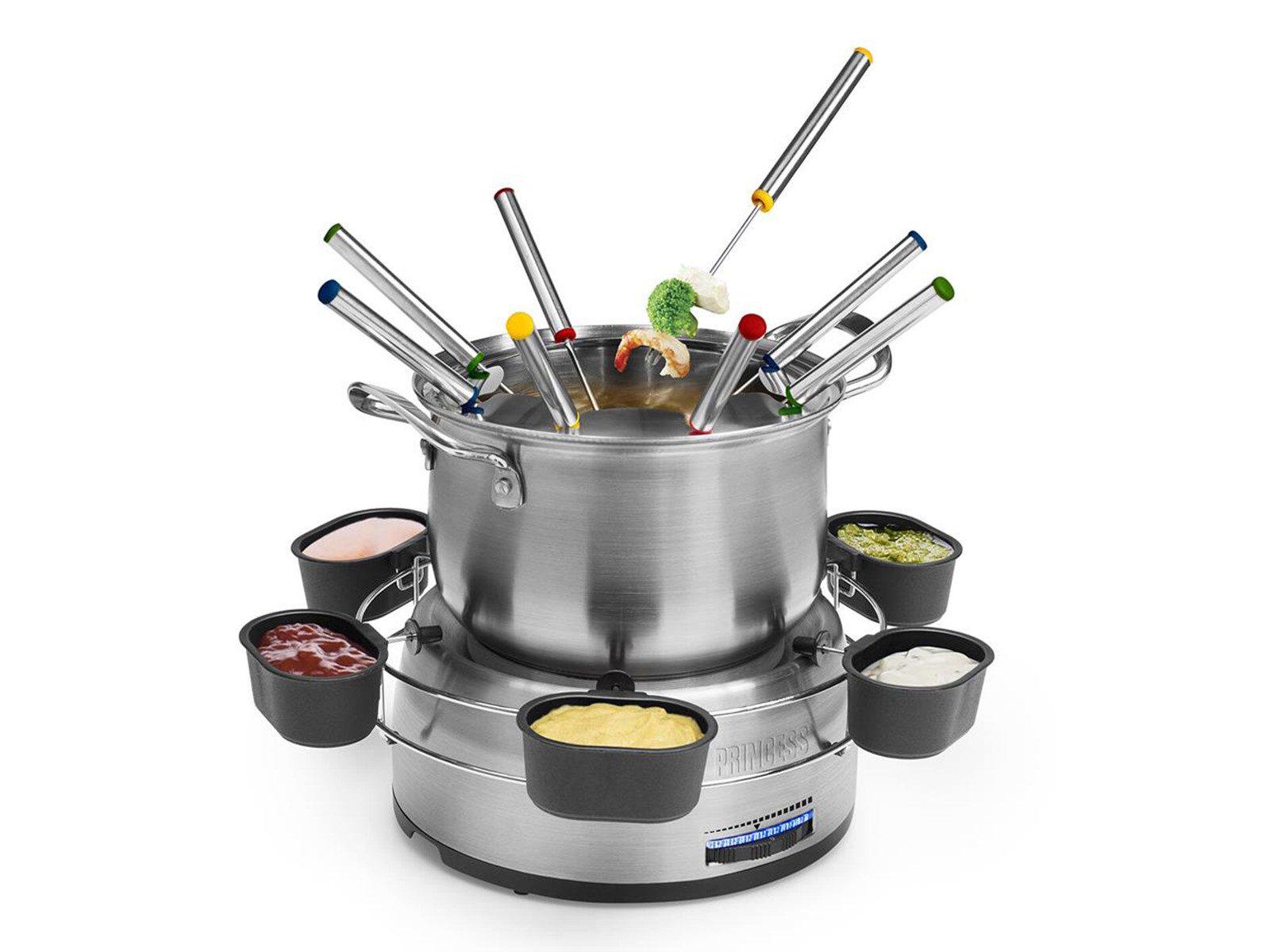 PRINCESS Elektro-Fondue, 4 Fonduegabeln, 1.2 l, Set mit 8 Fonduegabeln Fondue-Topf auch für Fleischfondue. Käsefondue