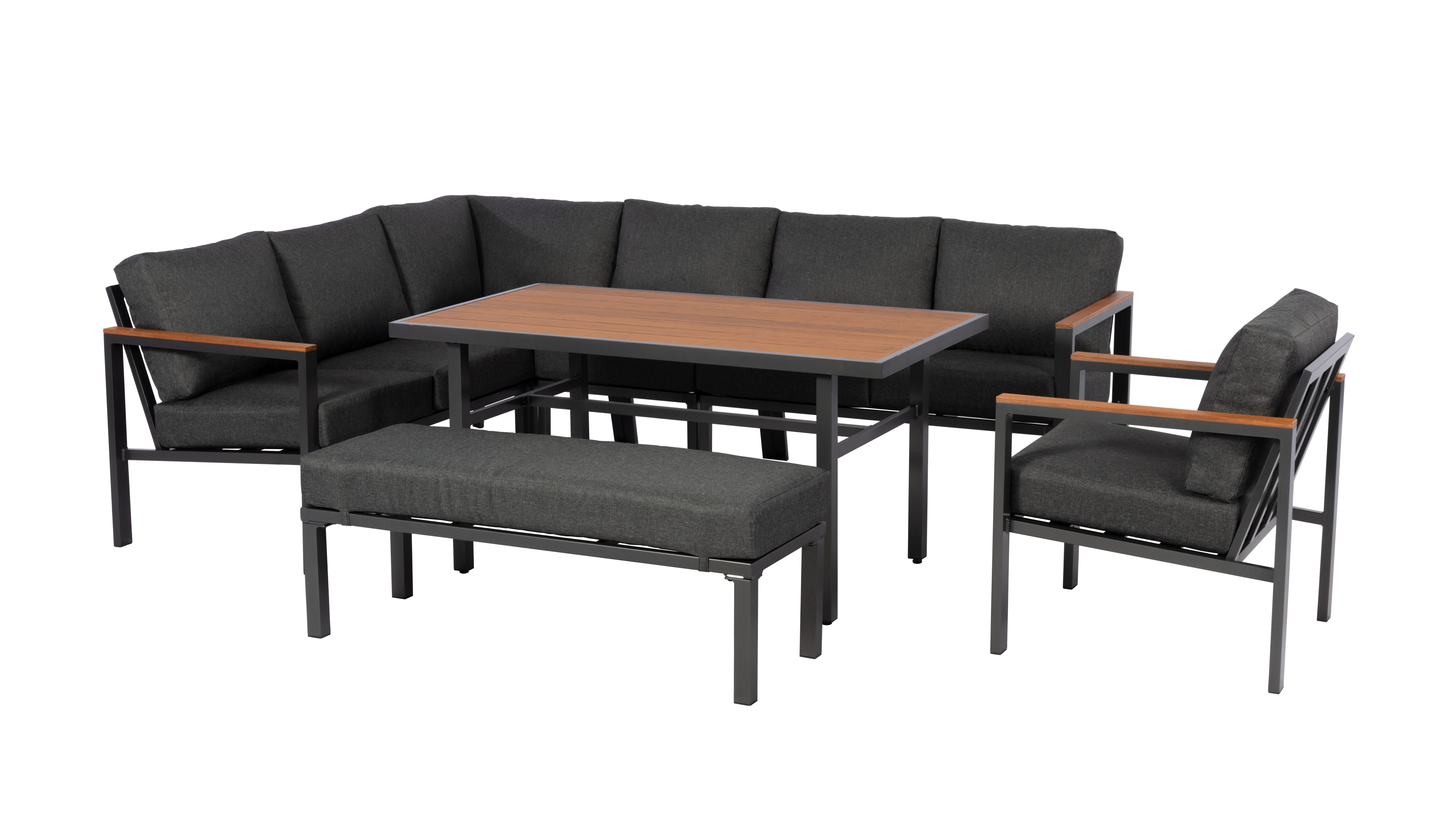 Gardissimo Gartenlounge-Set Norton Alu Bambus Holz Eck Lounge Set in Dining Höhe, (Spar-Set, 4-tlg., 1 Ecksofa + 1 Sessel + 1 XL-Bank + 1 Esstisch), wetterfest / pflegeleicht / 120 kg Tragkraft pro Sitzplatz