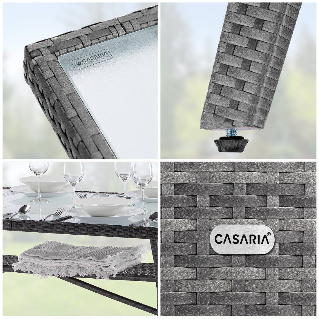 Casaria Gartentisch (1-St), Polyrattan 190x90x74 cm mit Ablage Sicherheits Glasplatte