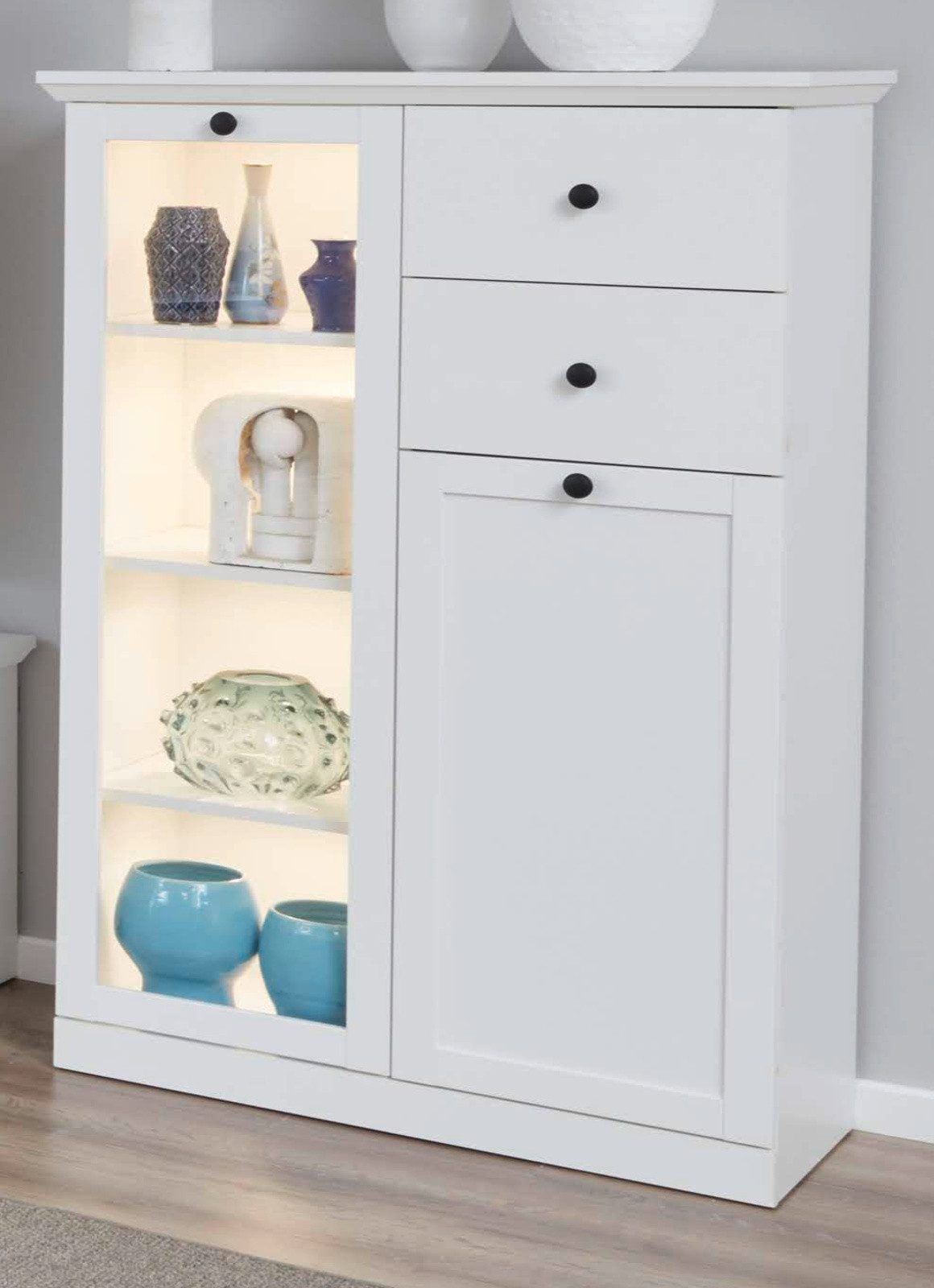 trendteam Hochkommode Baxter (Highboard in Landhaus weiß, 81 x 129 cm), 7 Fächer und 2 Schubladen