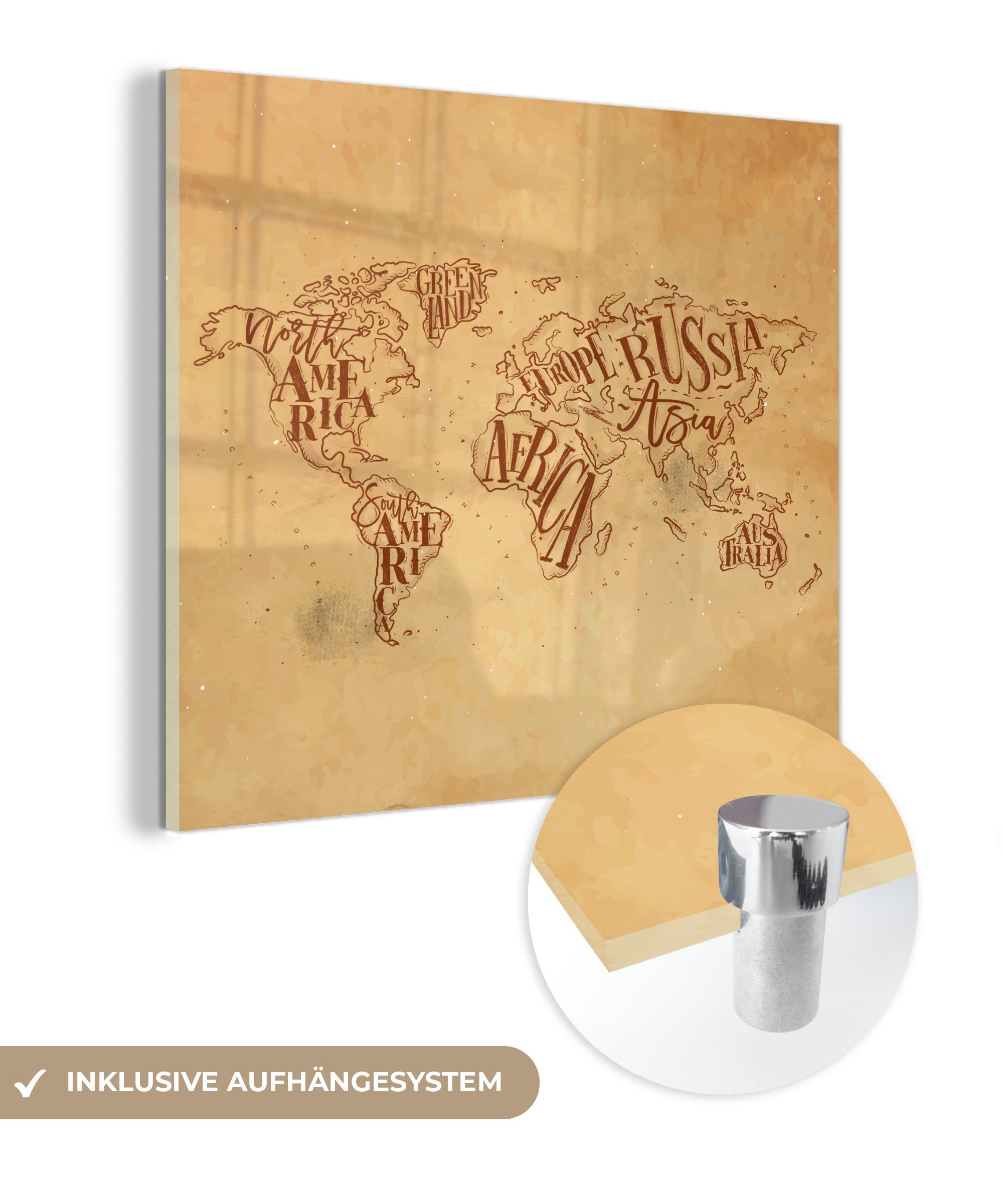 MuchoWow Acrylglasbild Weltkarte - Vintage - Papyrus, (1 St), Glasbilder - Bilder auf Glas Wandbild - Foto auf Glas - Wanddekoration