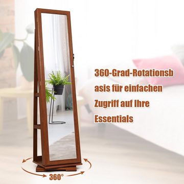 COSTWAY Schmuckschrank stehend, mit Spiegel & Regal, drehbar, abschließbar