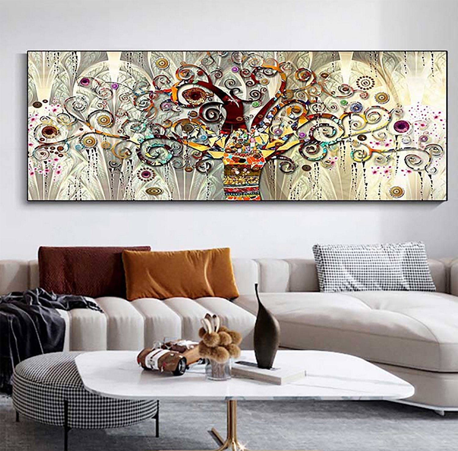 TPFLiving Kunstdruck (OHNE RAHMEN) Poster - Leinwand - Wandbild, Außergewöhnliche Blumenmotive in Breitbild-Format - (Leinwand Wohnzimmer, Leinwand Bilder, Kunstdruck), Farben: Gold, beige, rot, blau, weiß und rosa - Größe 30x90cm