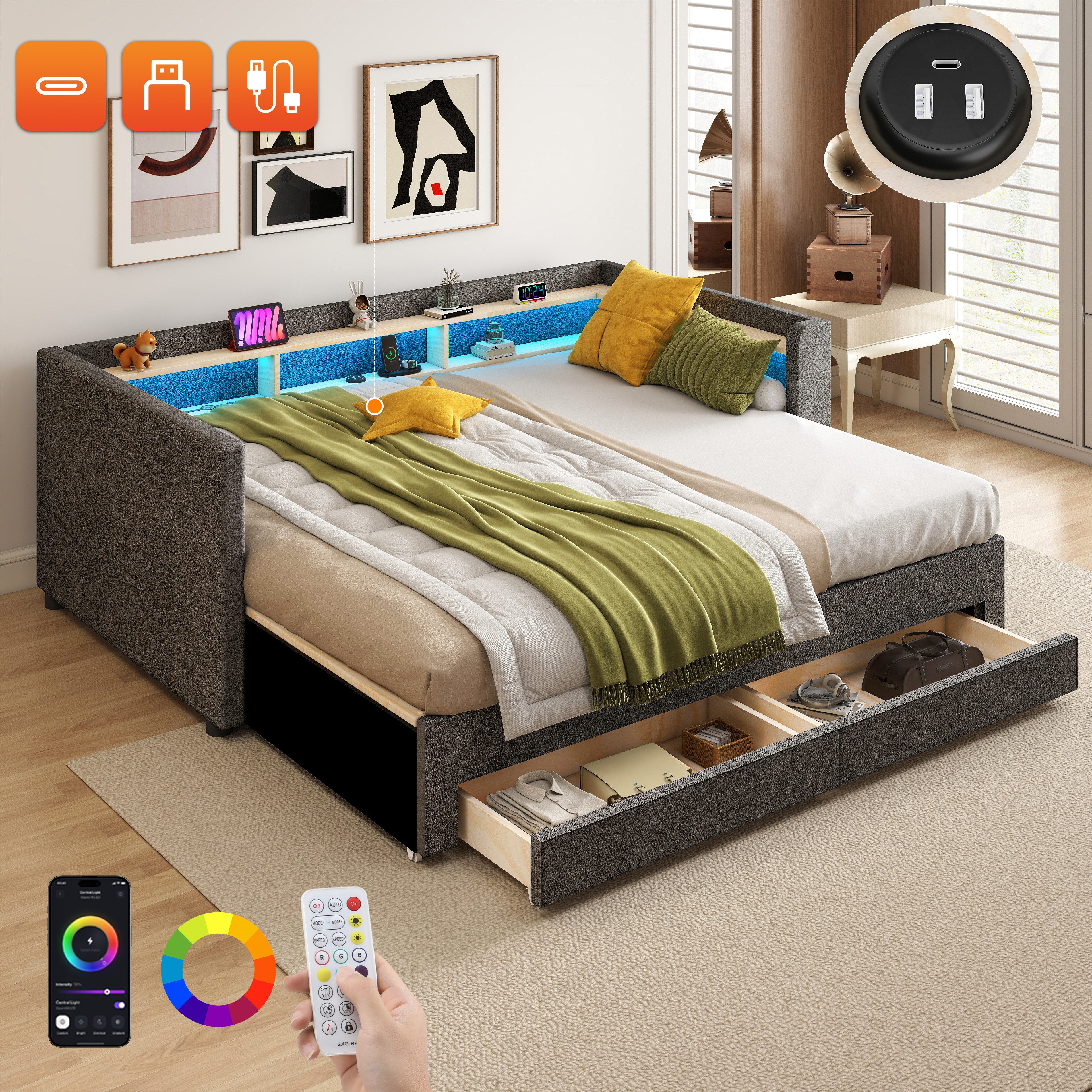 oyajia Polsterbett Daybett Tagesbett Ausziehbett mit LED-Beleuchtung (Quadratischer Rückenlehne, 2 Schubladen für Stauraum, mit Stauraum, USB-C, ohne Matratze), Multifunktionalem Ausziehbett & Stauraum 90x190/180x190 cm