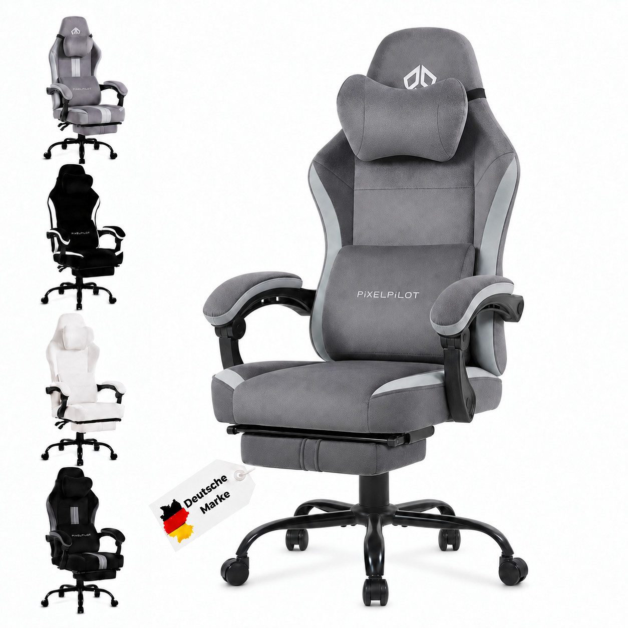 PixelPilot Gaming-Stuhl Ergonomischer Gaming-Stuhl, breite Sitzfläche, Fußstütze, bis 150 kg (Einzelartikel), Ergonomisch, atmungsaktiv, breite Sitzfläche, Rückenlehne 90°-135°