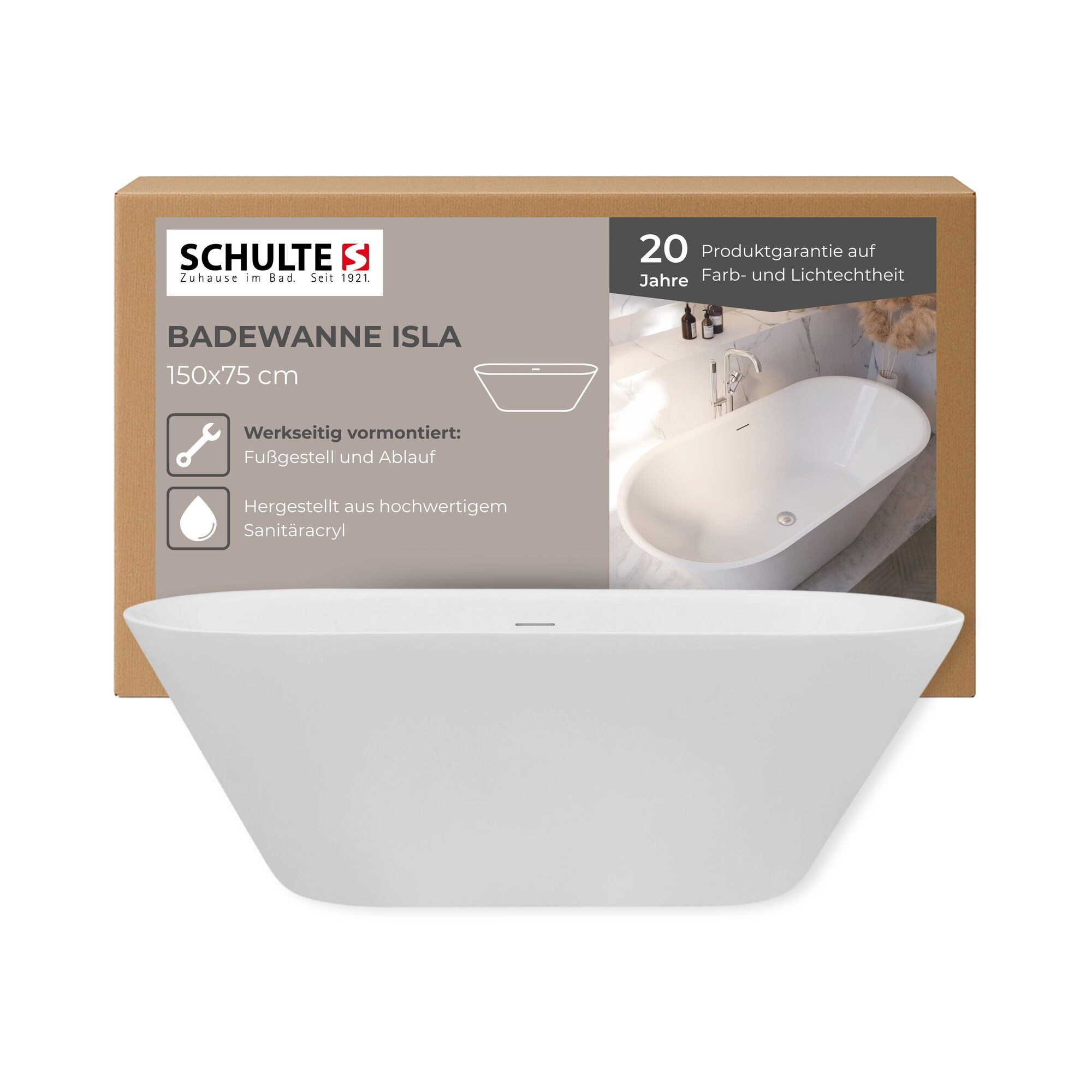 Schulte Badewanne Isla, freistehend, Sanitäracryl, Weiß, Größenauswahl, (Komplett-Set, inkl. Fußgestell und Ablauf), 150x75 cm. € 929,00