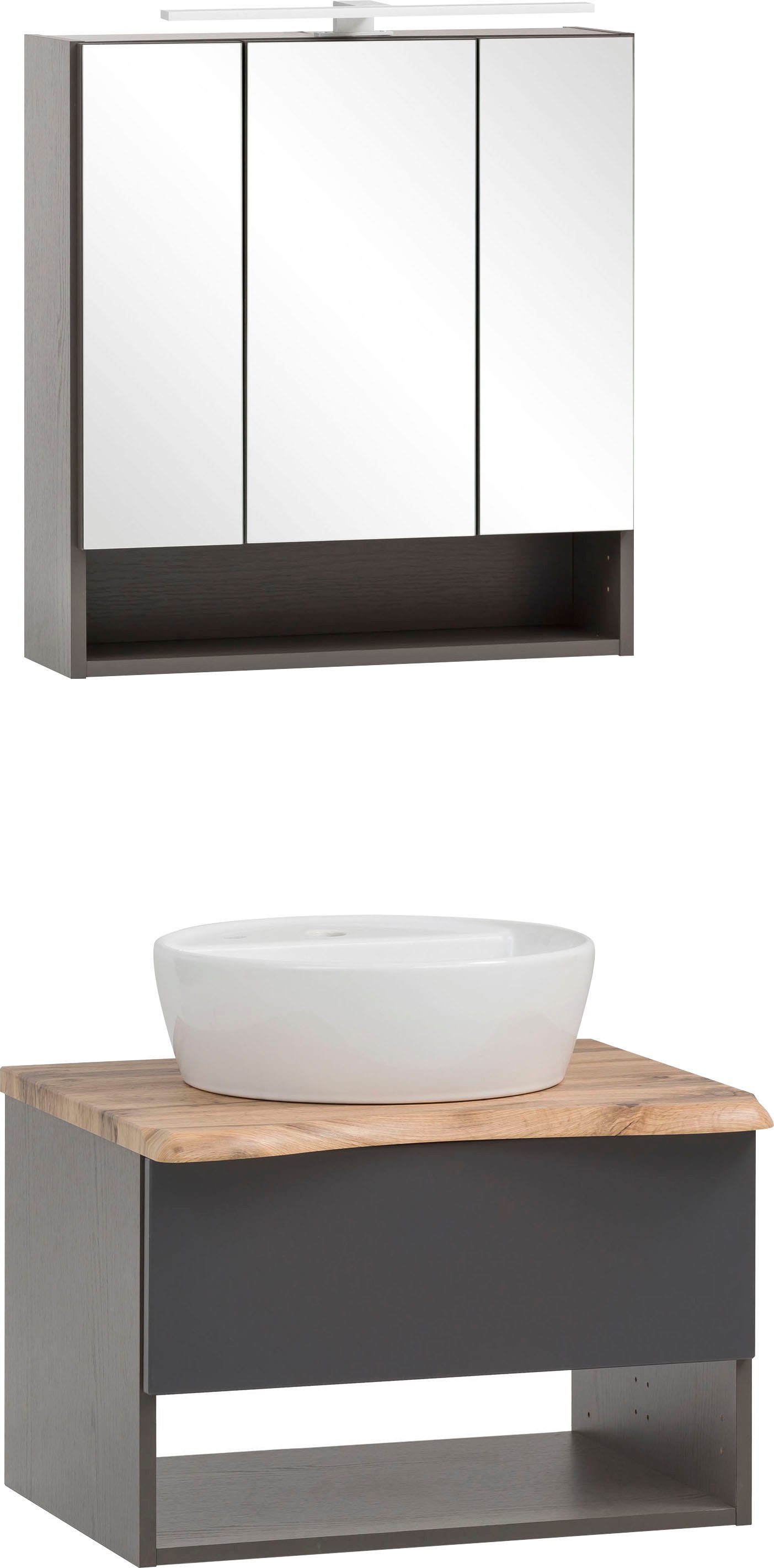 welltime Badmöbel-Set Stubach, (2-St., Spiegelschrank und Waschtisch), Abdeckplatte mit Baumkante