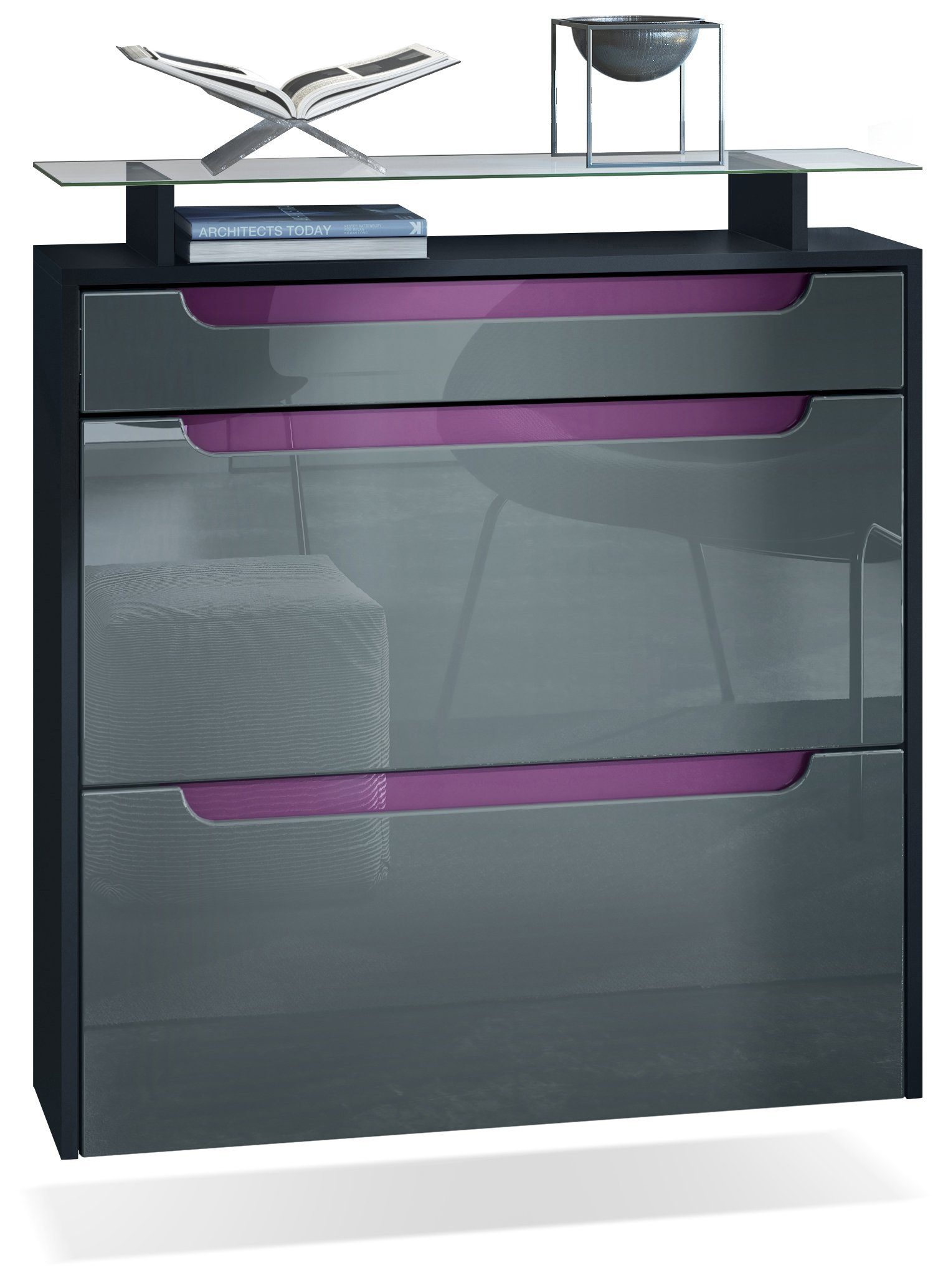 Vladon Schuhschrank Annie (Schuhkipper für 16 Paar Schuhe, mit 2 Klappen, Schublade und Glasablage) Schwarz matt/Grau Hochglanz/Brombeer Hochglanz (89 x 96 x 23 cm)