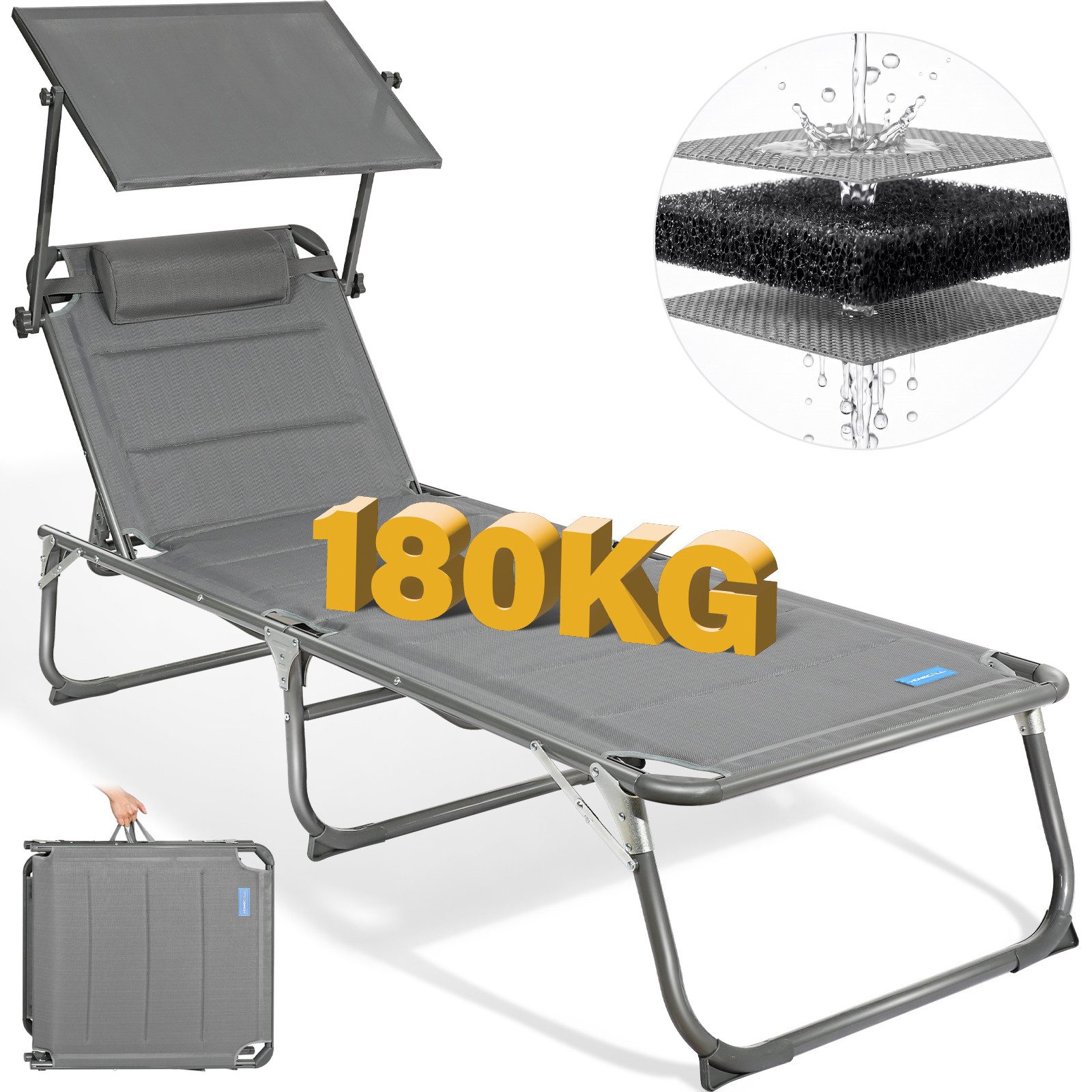 HOMECALL Gartenliege Sonnenliege AluLiege Liegestuhl Strandliege Liegen wetterfest, klappbar, Textilene Mit Dickemschnelltrocknende Schaumstoffpolsterung, Verstellbare Rückenlehne, Sonnenblende, Kopfpolster, bis 180KG