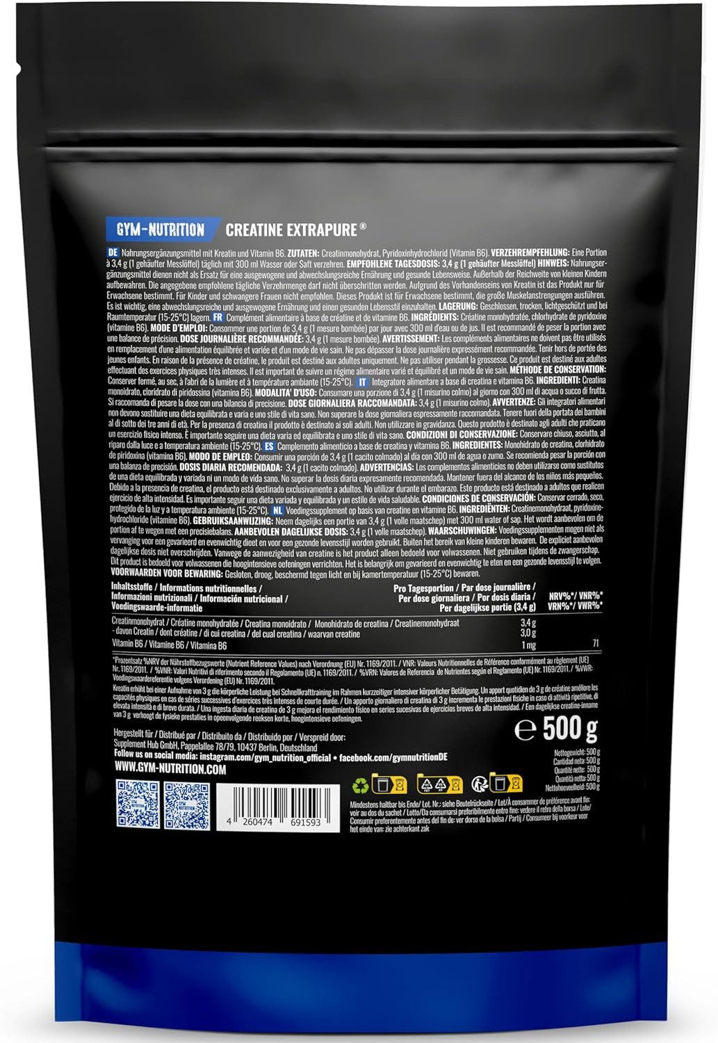 Gym Nutrition Creatin Monohydrat Pulver 500g – Mikronisierte Premiumqualität Pulver, 1 er 500g à 1250 g, 100% vegan - Laborgeprüft